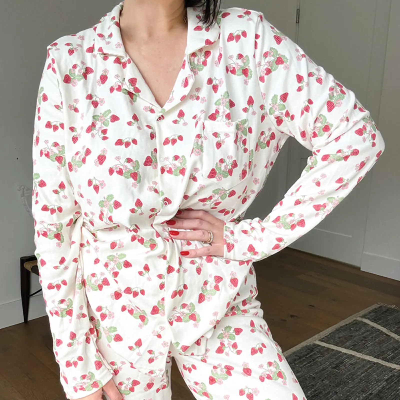 Women's Pajama Set, Strawberry Print Long Sleeve Button Down Tops Elastic Waist Long Pants 2 Piece Set