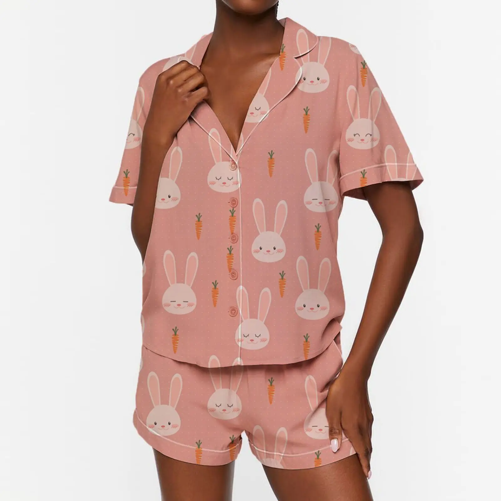 Women's Loungewear Set Rabbit/Carrot Print Short Sleeve Lapel Button T-Shirt with Elastic Waist Shorts Sleepwear