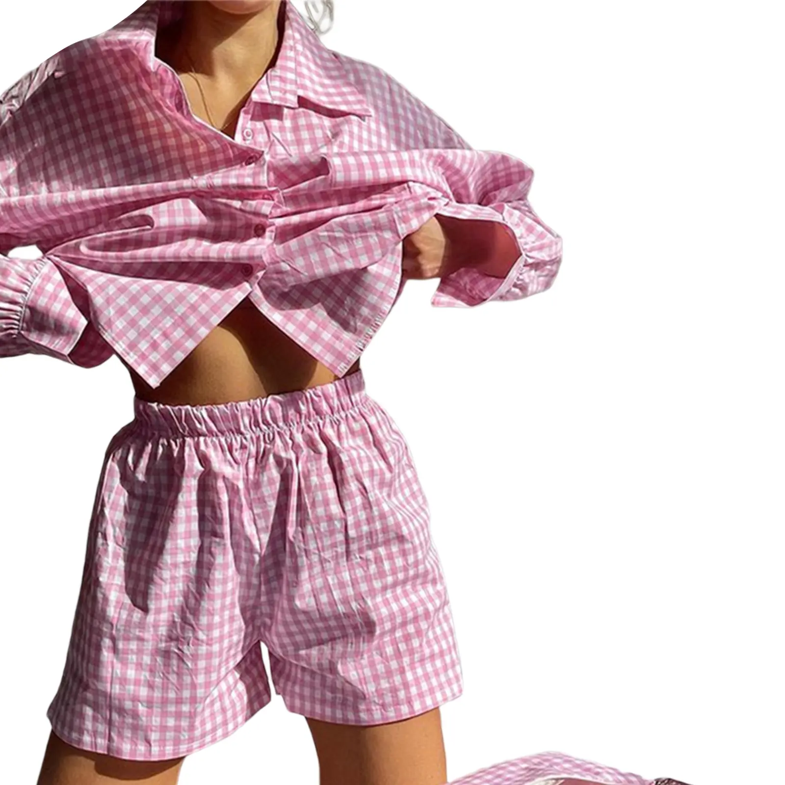 Women's Long-Sleeved Lapel Pocket Single-breasted Striped Print Loose New Fashion Casual Top Shorts 2-piece Set