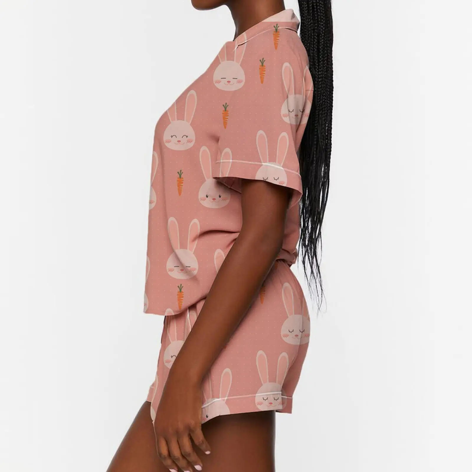 Women's Loungewear Set Rabbit/Carrot Print Short Sleeve Lapel Button T-Shirt with Elastic Waist Shorts Sleepwear