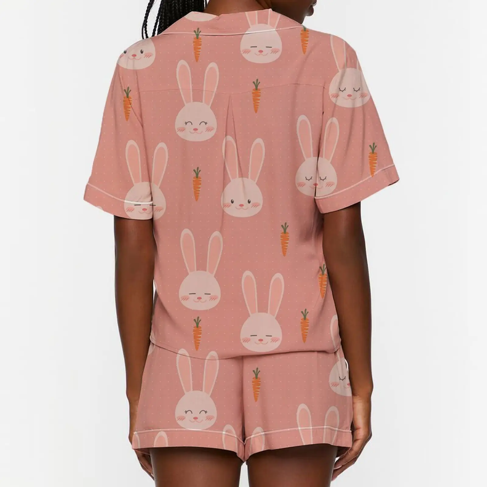 Women's Loungewear Set Rabbit/Carrot Print Short Sleeve Lapel Button T-Shirt with Elastic Waist Shorts Sleepwear