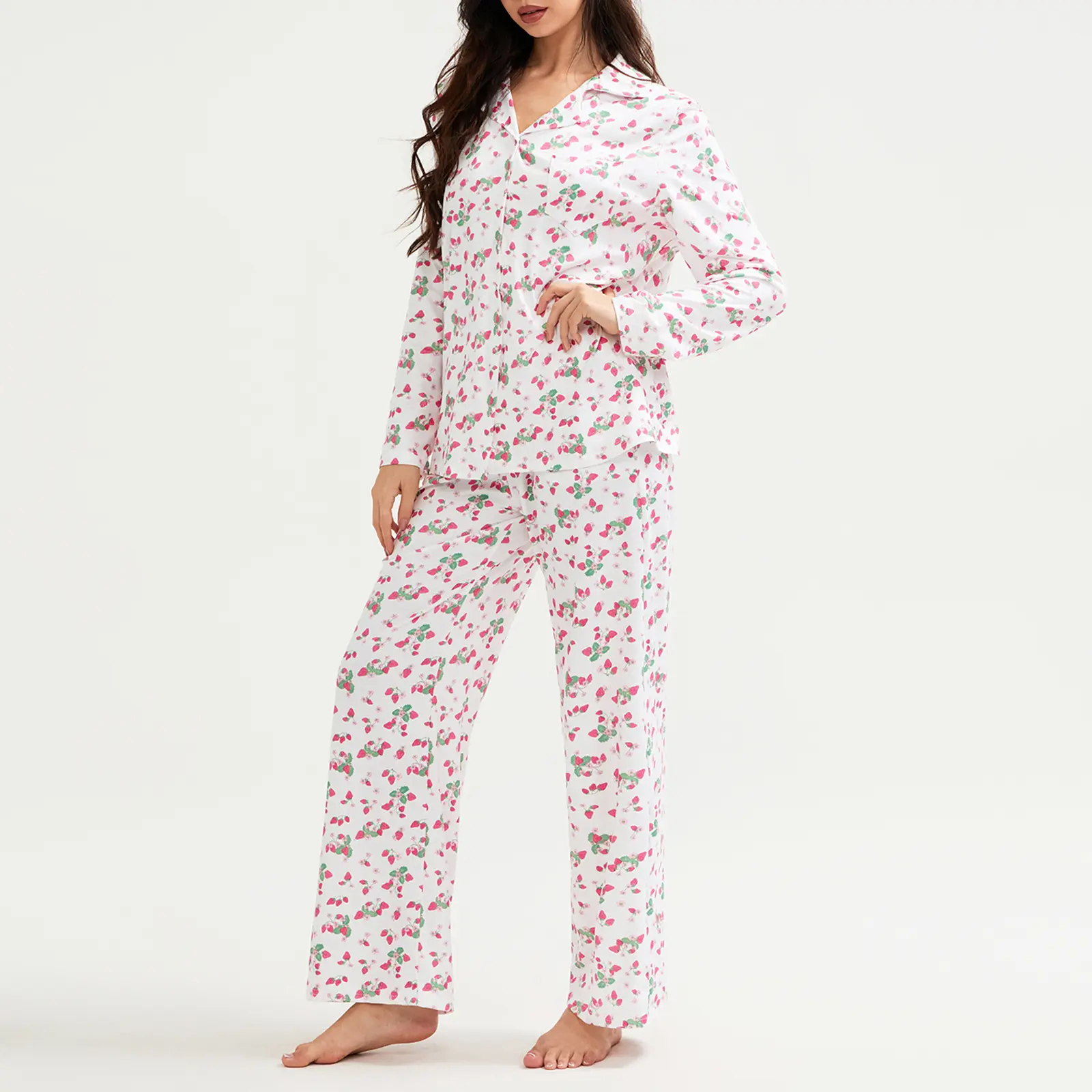 Women's Pajama Set, Strawberry Print Long Sleeve Button Down Tops Elastic Waist Long Pants 2 Piece Set