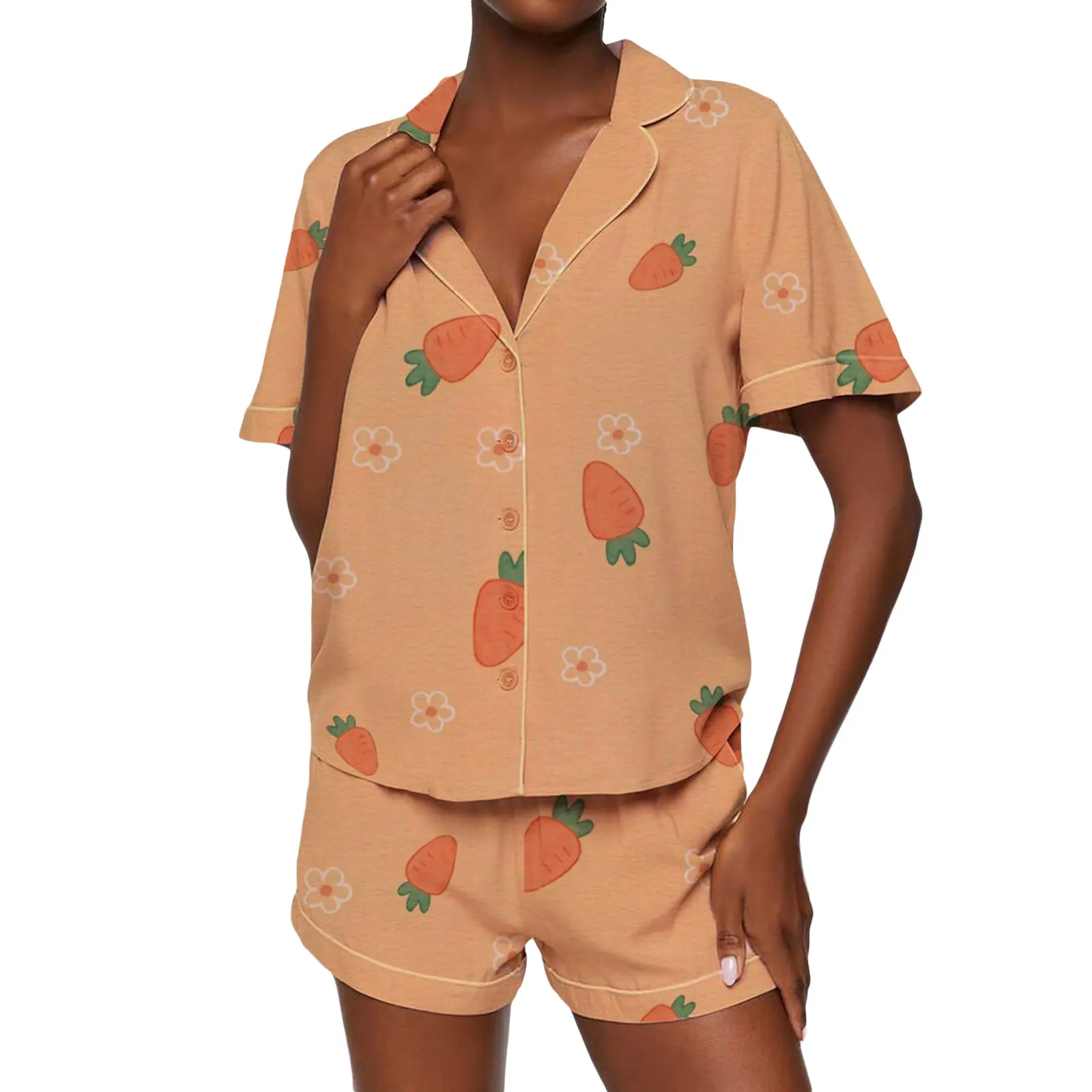 Women's Loungewear Set Rabbit/Carrot Print Short Sleeve Lapel Button T-Shirt with Elastic Waist Shorts Sleepwear