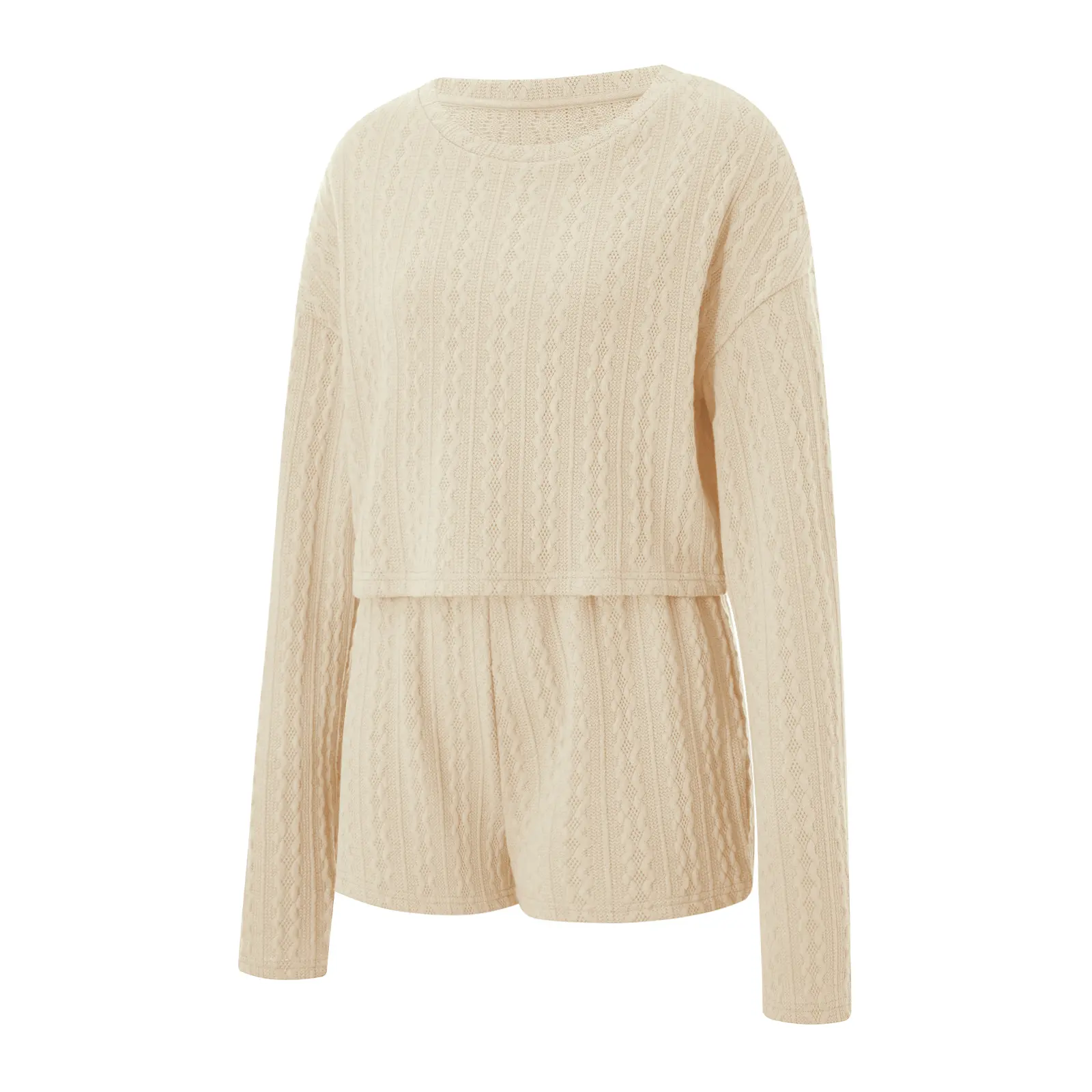 Women Knitted Pajama Set Solid Color Long Sleeves Tops and Elastic Shorts for Loungewear Soft Sleepwear for Nightwear