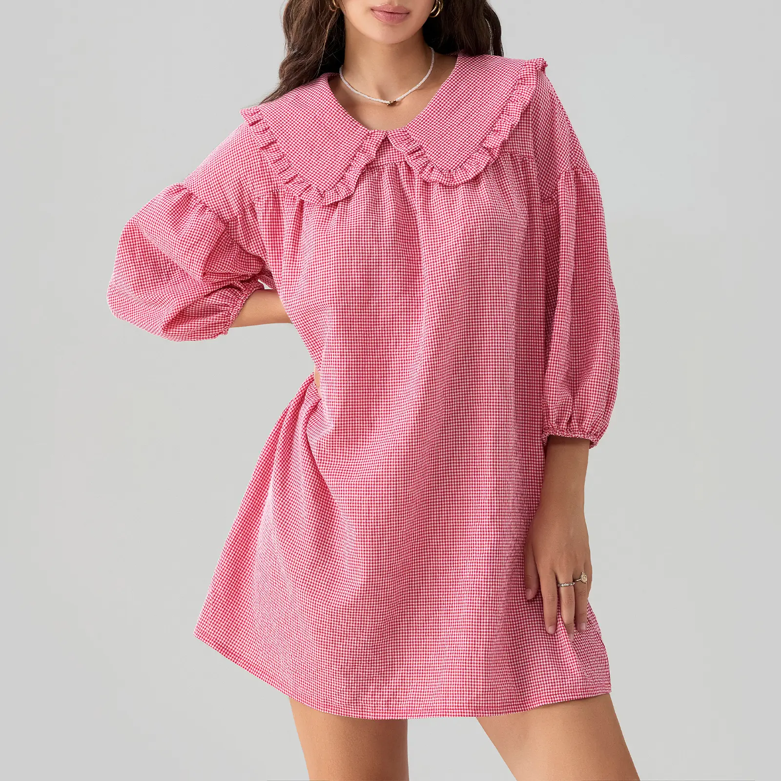 Women's Casual Cute Babydoll Dresses Plaid Print Puff Sleeve Doll Collar Loose Mini Dress for Summer