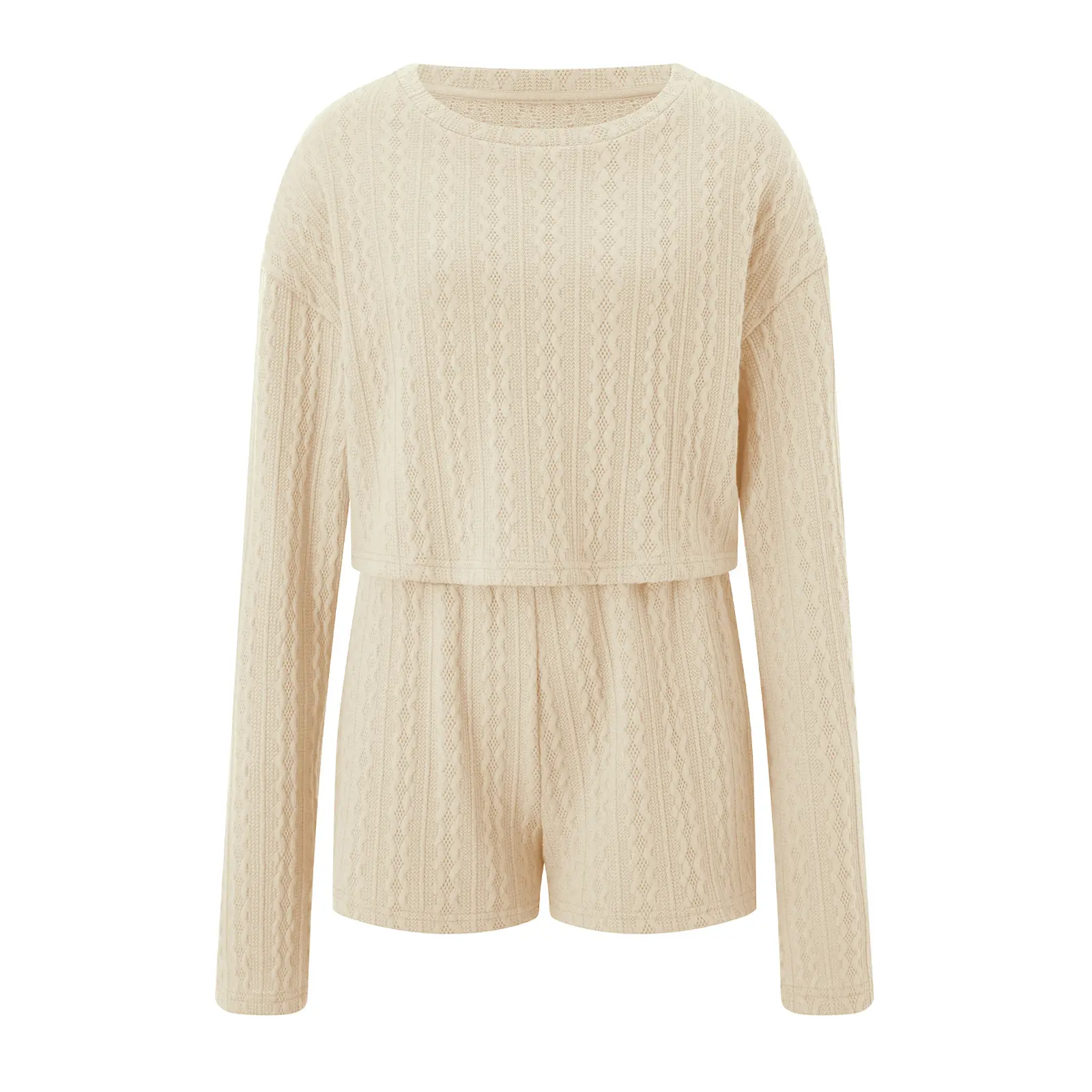 Women Knitted Pajama Set Solid Color Long Sleeves Tops and Elastic Shorts for Loungewear Soft Sleepwear for Nightwear