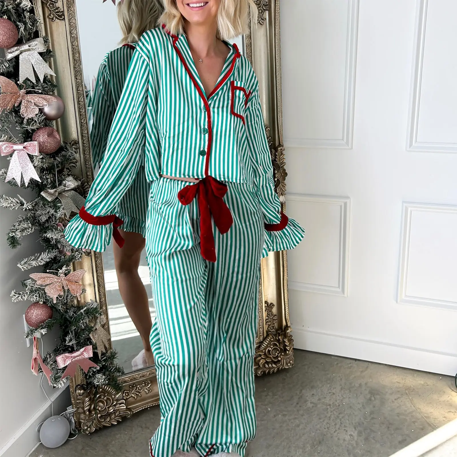 Womens Striped Pajama Set Long Sleeve Button-up Crop Tops Bow Long Pants 2 Piece Sleepwear Outfit