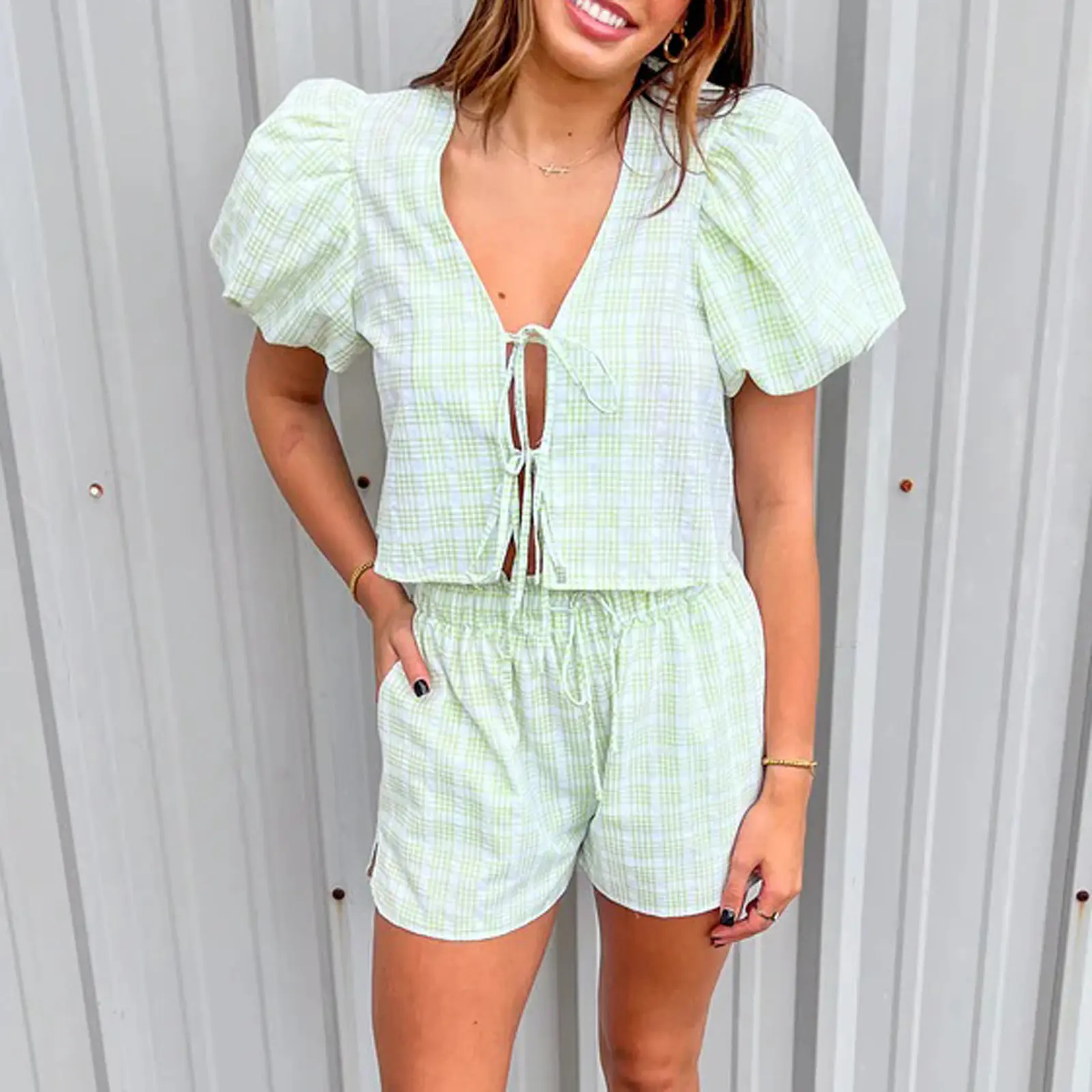 Women 2 Piece Outfits Plaid Print Tie Front Short Sleeves Tops and Elastic Shorts Club Streetwear Fashion Clothes