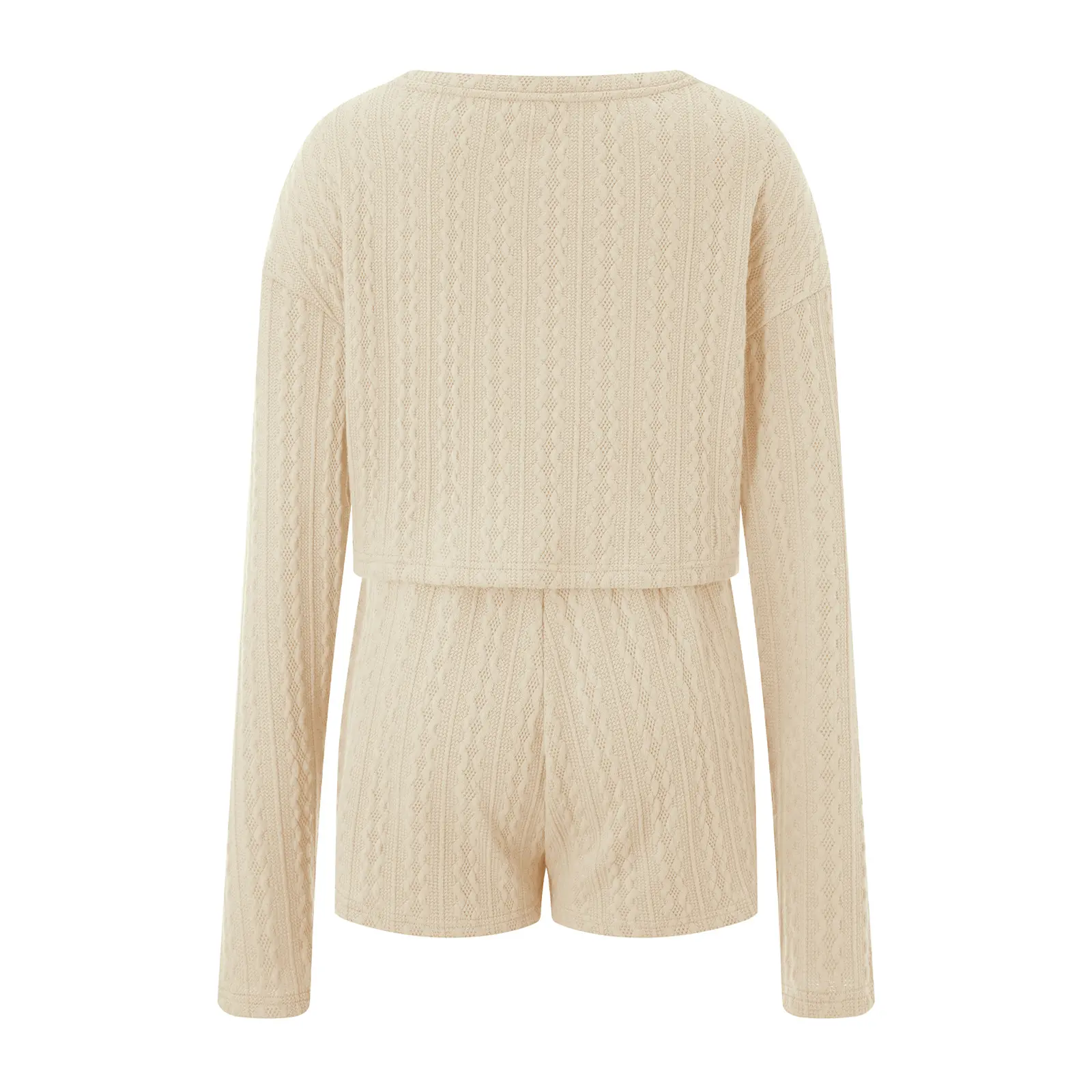 Women Knitted Pajama Set Solid Color Long Sleeves Tops and Elastic Shorts for Loungewear Soft Sleepwear for Nightwear