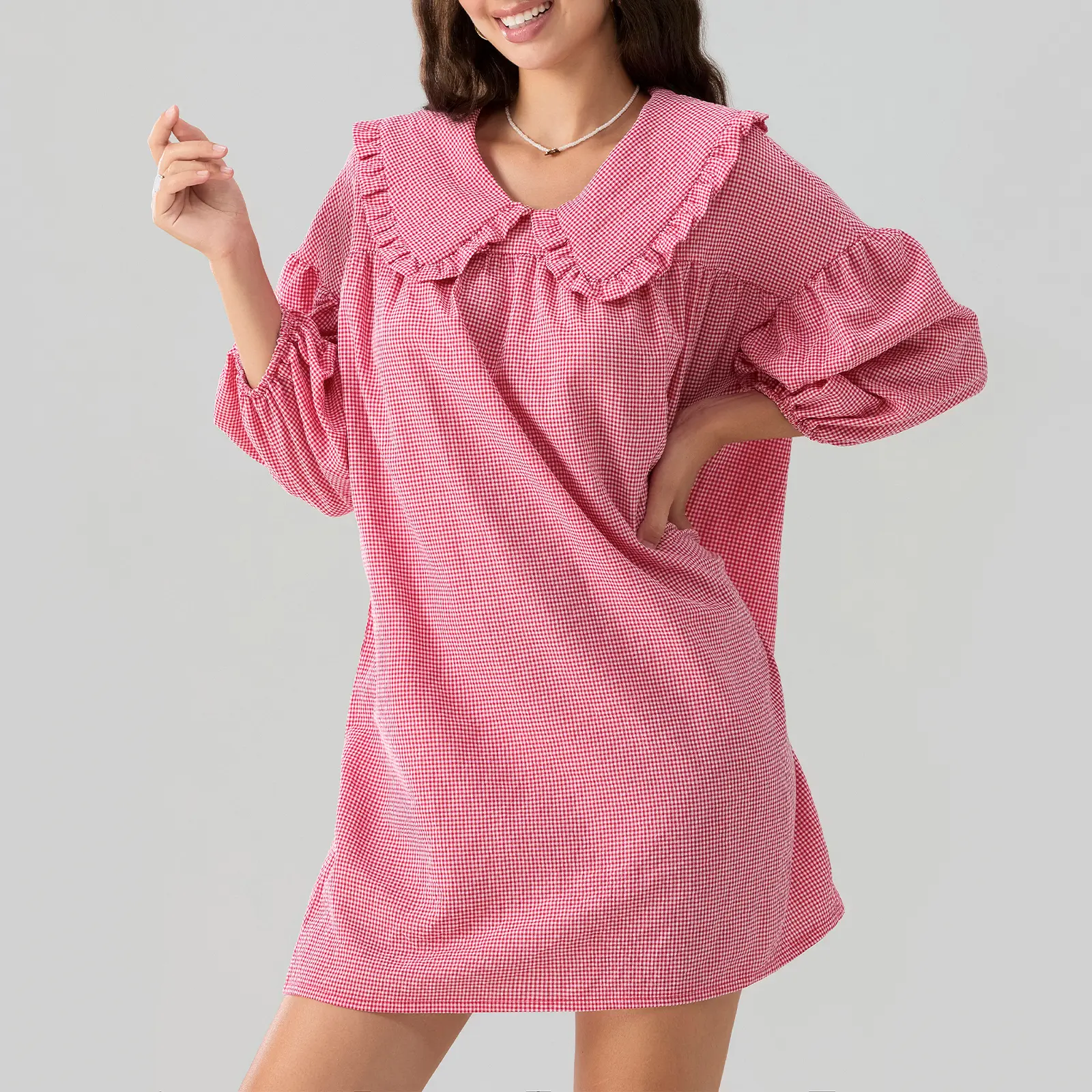Women's Casual Cute Babydoll Dresses Plaid Print Puff Sleeve Doll Collar Loose Mini Dress for Summer