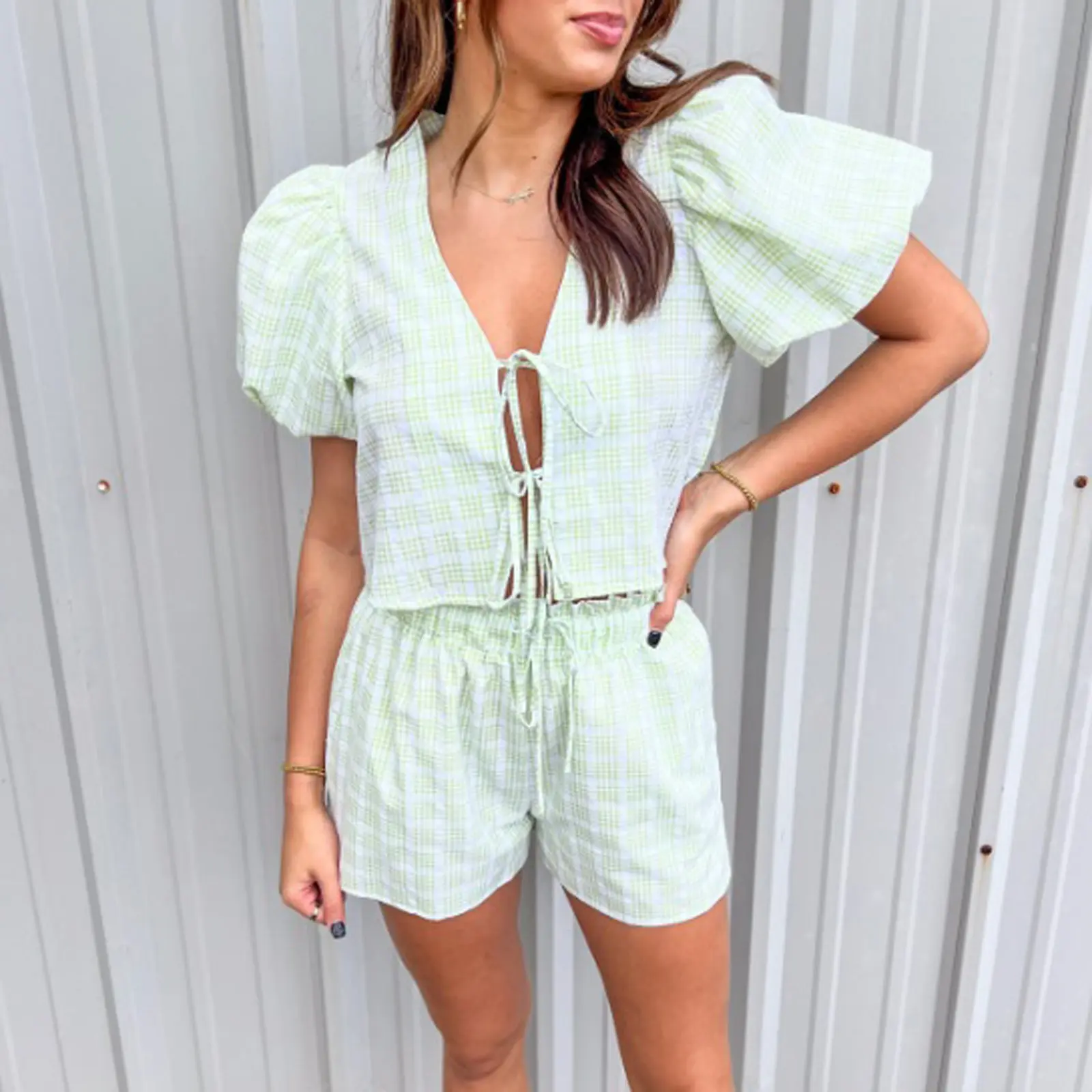 Women 2 Piece Outfits Plaid Print Tie Front Short Sleeves Tops and Elastic Shorts Club Streetwear Fashion Clothes