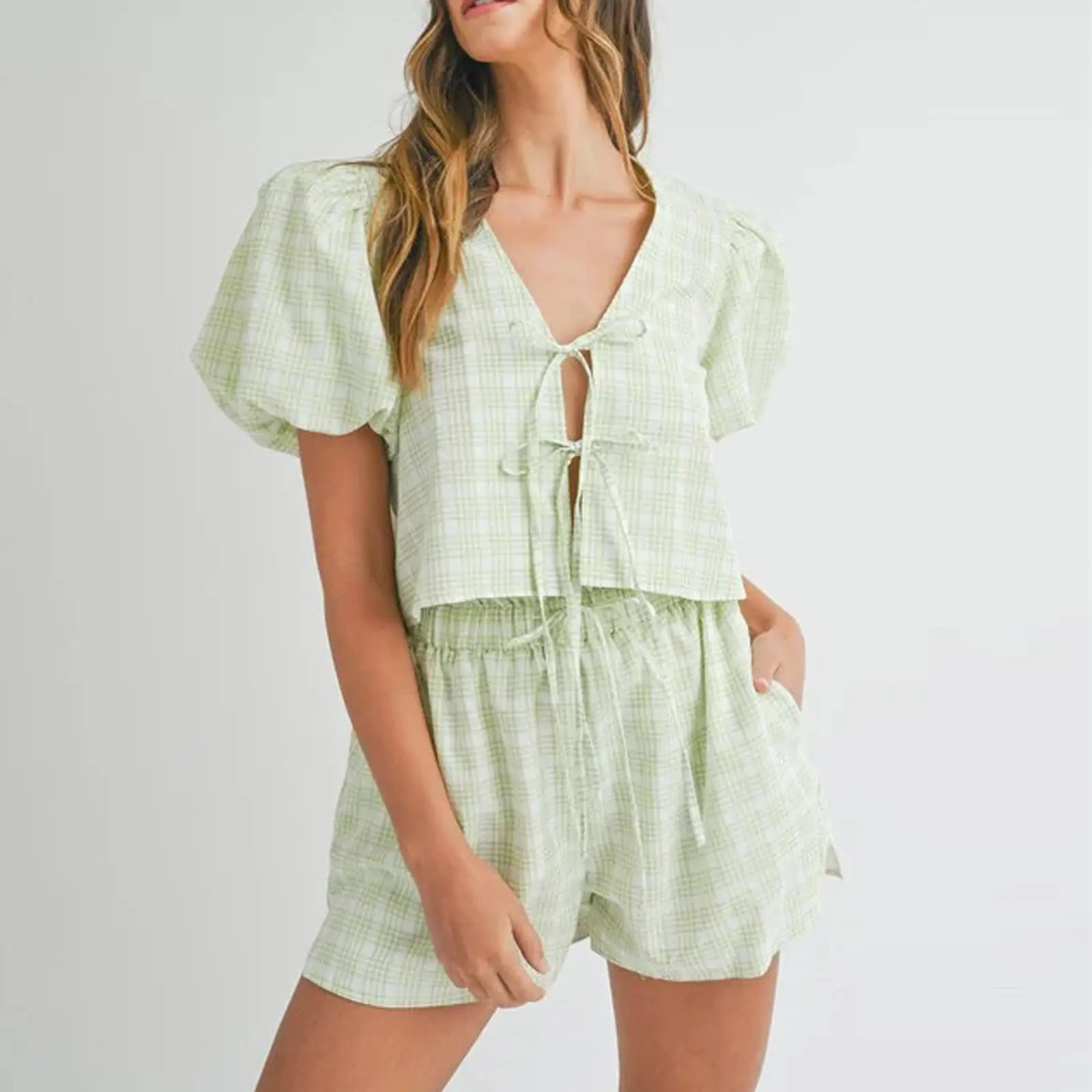 Women 2 Piece Outfits Plaid Print Tie Front Short Sleeves Tops and Elastic Shorts Club Streetwear Fashion Clothes