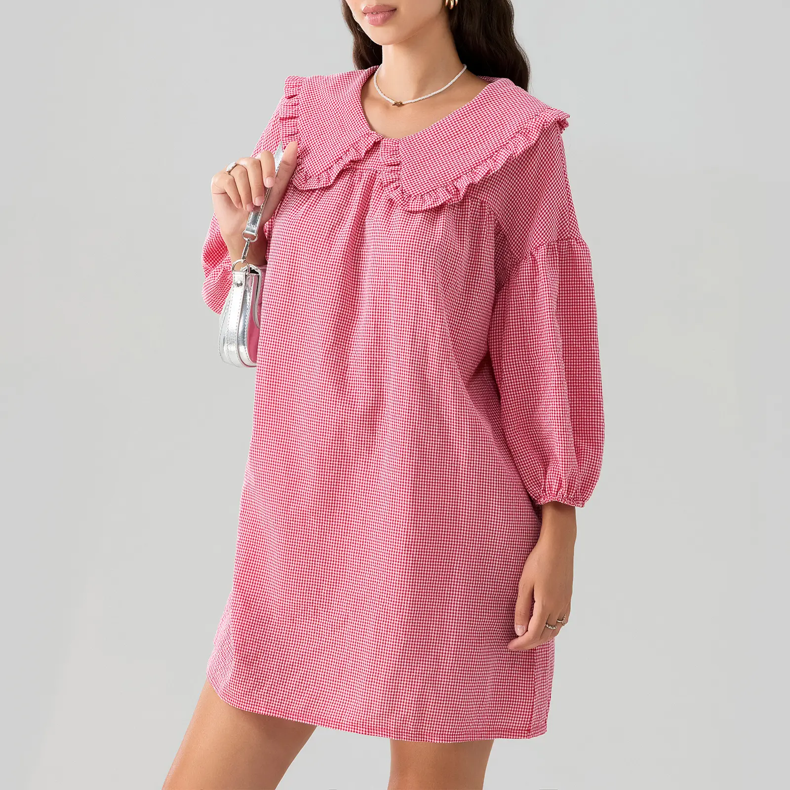 Women's Casual Cute Babydoll Dresses Plaid Print Puff Sleeve Doll Collar Loose Mini Dress for Summer