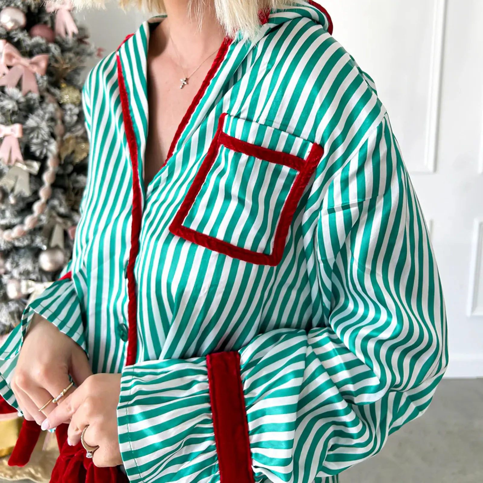 Womens Striped Pajama Set Long Sleeve Button-up Crop Tops Bow Long Pants 2 Piece Sleepwear Outfit