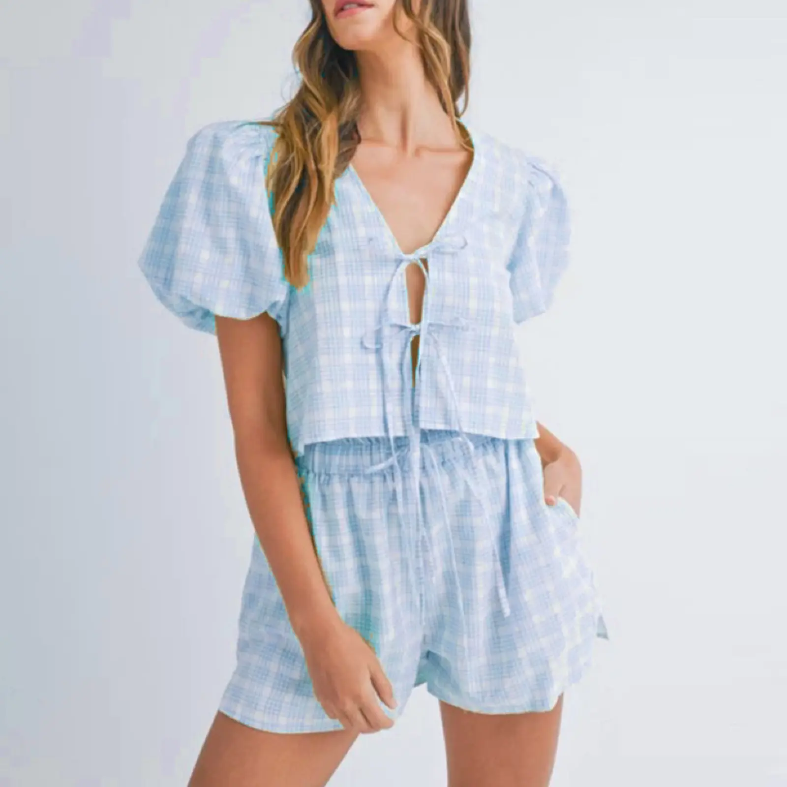 Women 2 Piece Outfits Plaid Print Tie Front Short Sleeves Tops and Elastic Shorts Club Streetwear Fashion Clothes