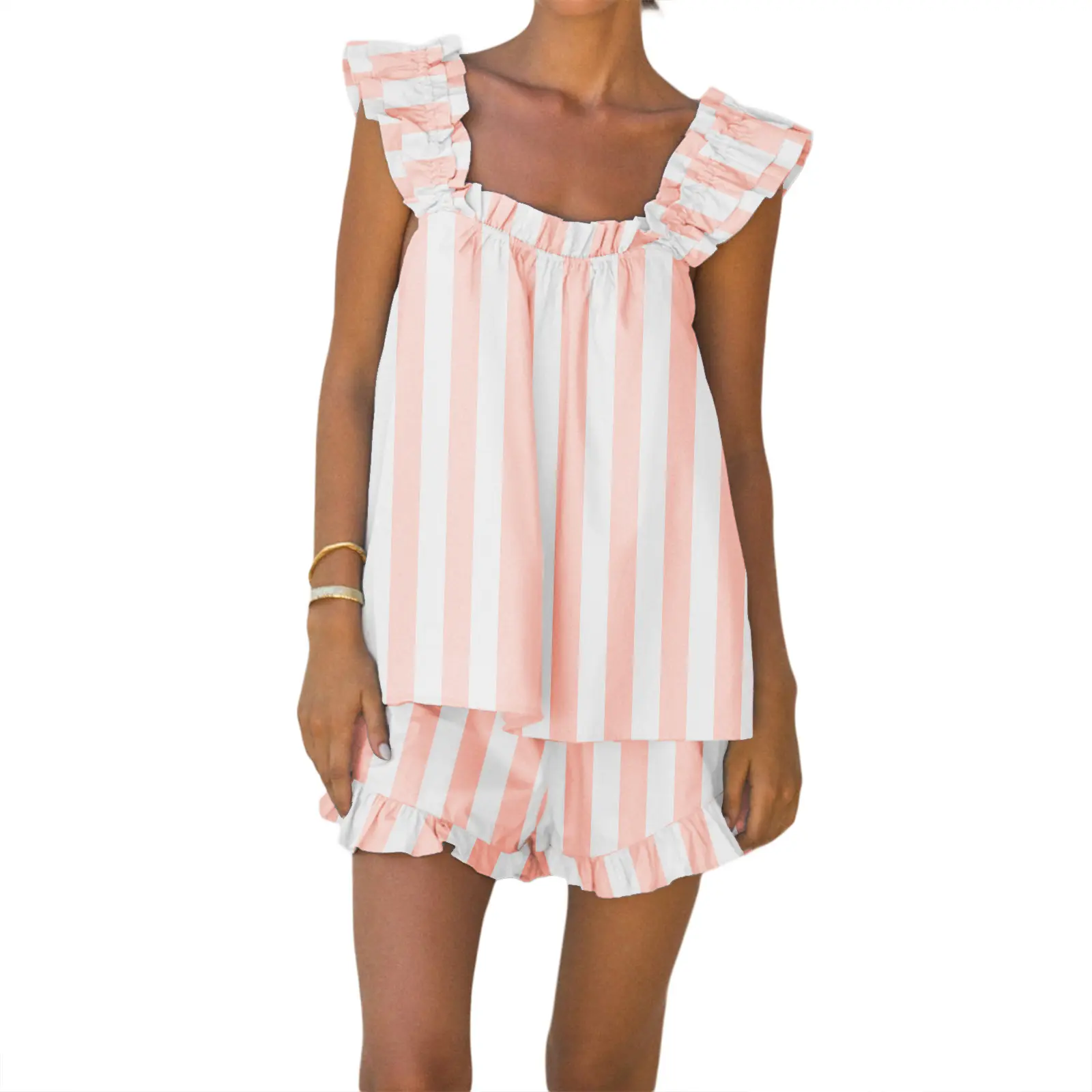 Women Summer Shorts Outfits Stripe/Plaid Ruffles Straps Sleeveless Tank Tops and Shorts 2 Pieces Clothes Set
