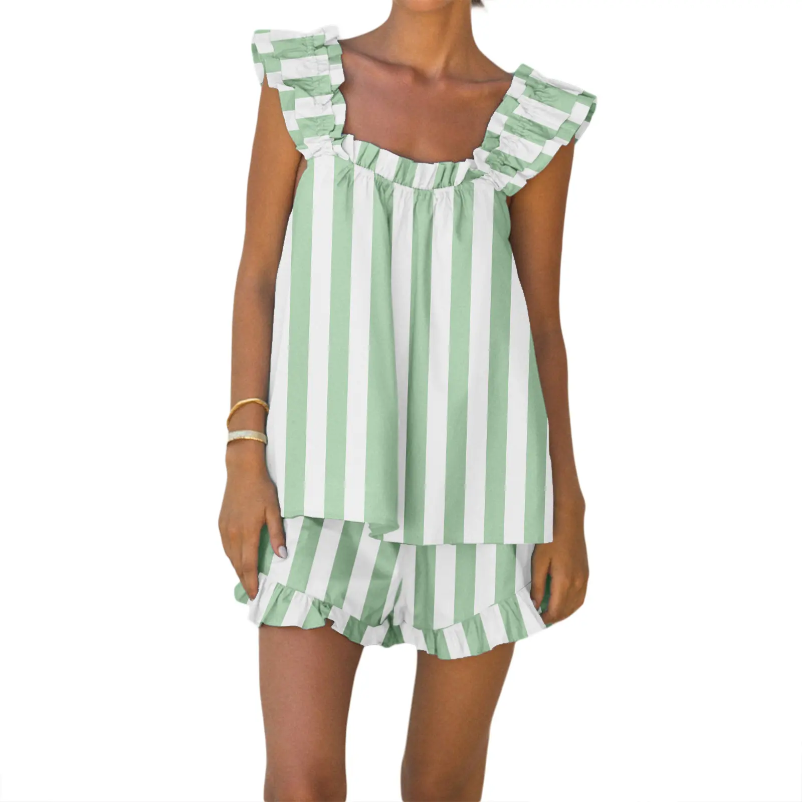 Women Summer Shorts Outfits Stripe/Plaid Ruffles Straps Sleeveless Tank Tops and Shorts 2 Pieces Clothes Set
