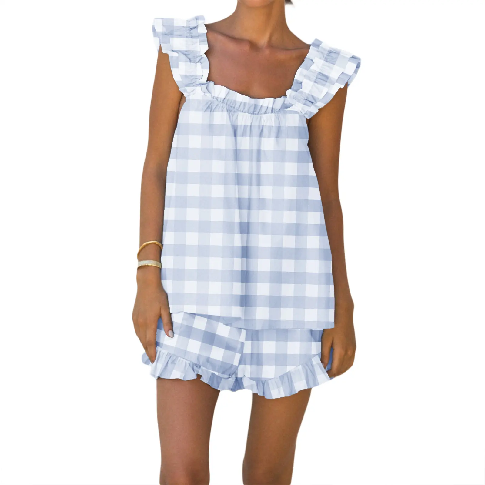 Women Summer Shorts Outfits Stripe/Plaid Ruffles Straps Sleeveless Tank Tops and Shorts 2 Pieces Clothes Set