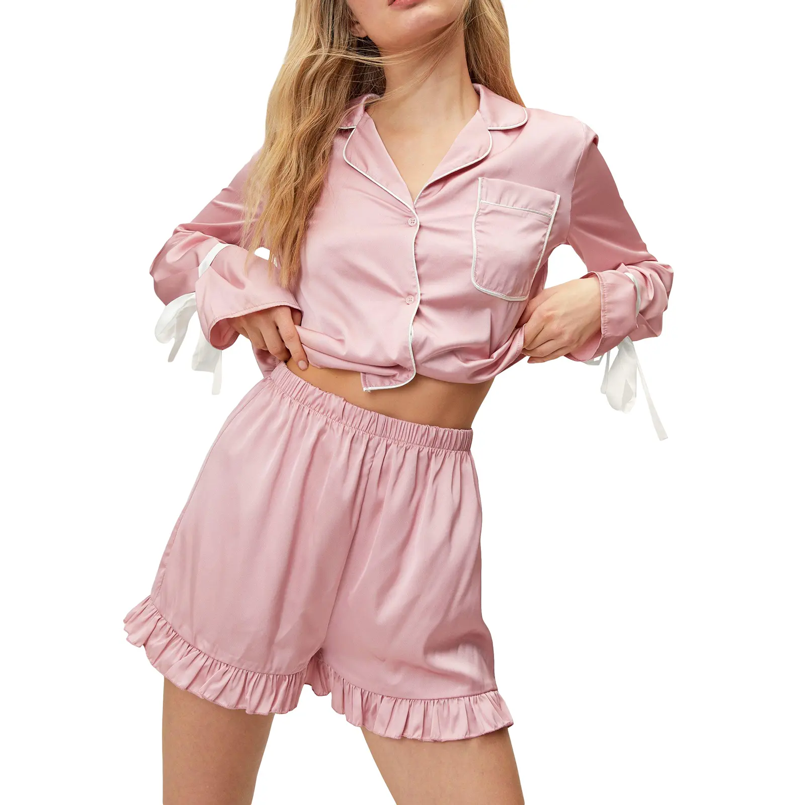 Women Sweet Casual Pajama Set, Long Sleeve Tie-up Contrast Color Shirt with Shorts Sleepwear Loungewear