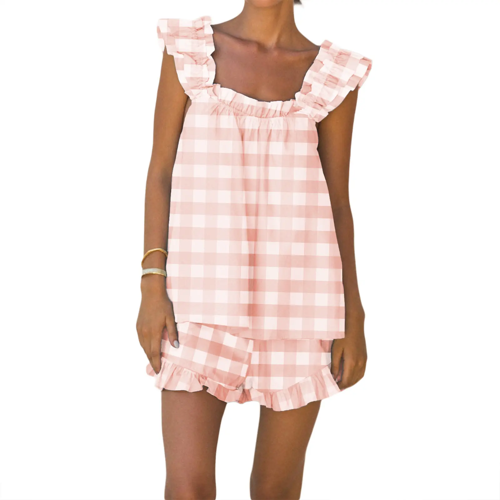 Women Summer Shorts Outfits Stripe/Plaid Ruffles Straps Sleeveless Tank Tops and Shorts 2 Pieces Clothes Set