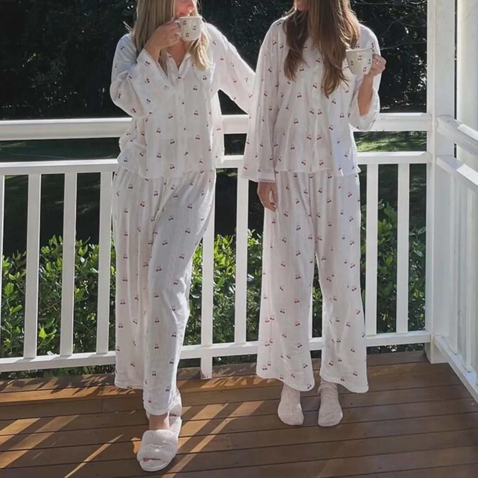Women's Lounge Set, Cherry Print Long Sleeve Button Down Tops Elastic Waist Pants 2 Piece Pajama Set for Spring Fall