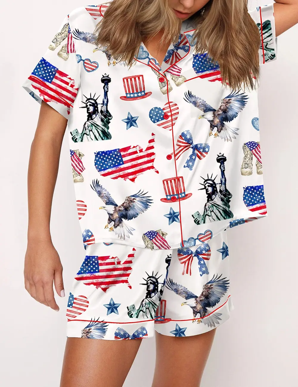 Women's Independence Day Lounge Set Short Sleeve Lapel Patriotic Elements Print Shirt Shorts Sleepwear Sets
