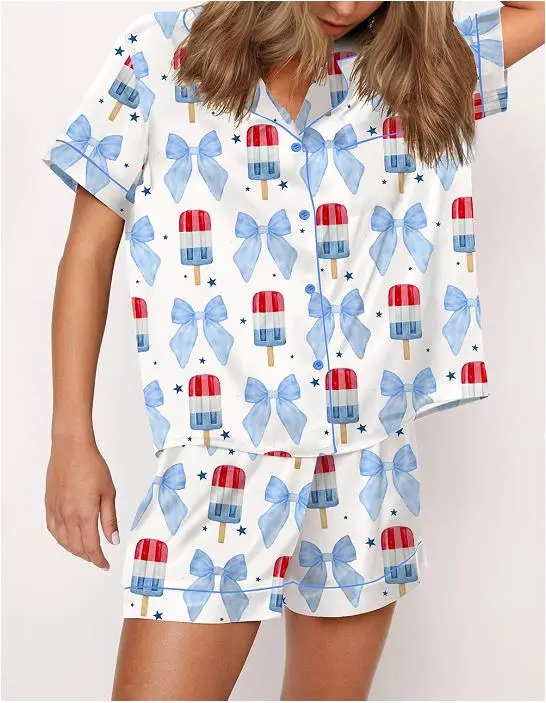 Women's Independence Day Lounge Set Short Sleeve Lapel Patriotic Elements Print Shirt Shorts Sleepwear Sets