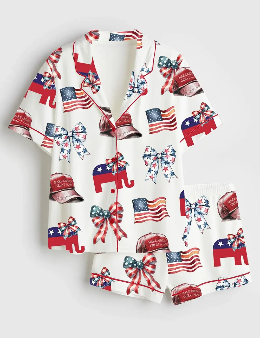 Women's Independence Day Lounge Set Short Sleeve Lapel Patriotic Elements Print Shirt Shorts Sleepwear Sets