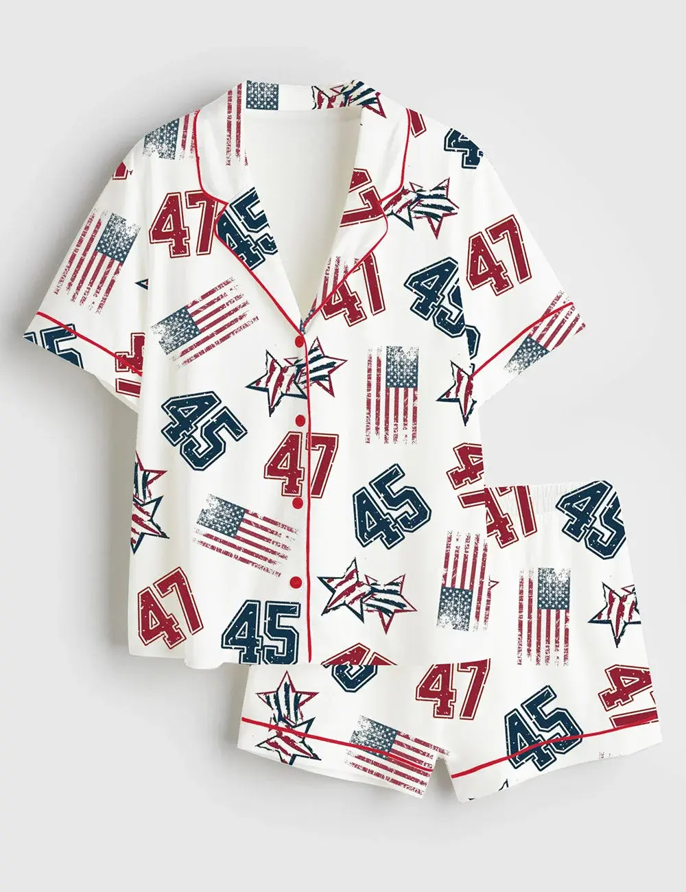 Women's Independence Day Lounge Set Short Sleeve Lapel Patriotic Elements Print Shirt Shorts Sleepwear Sets