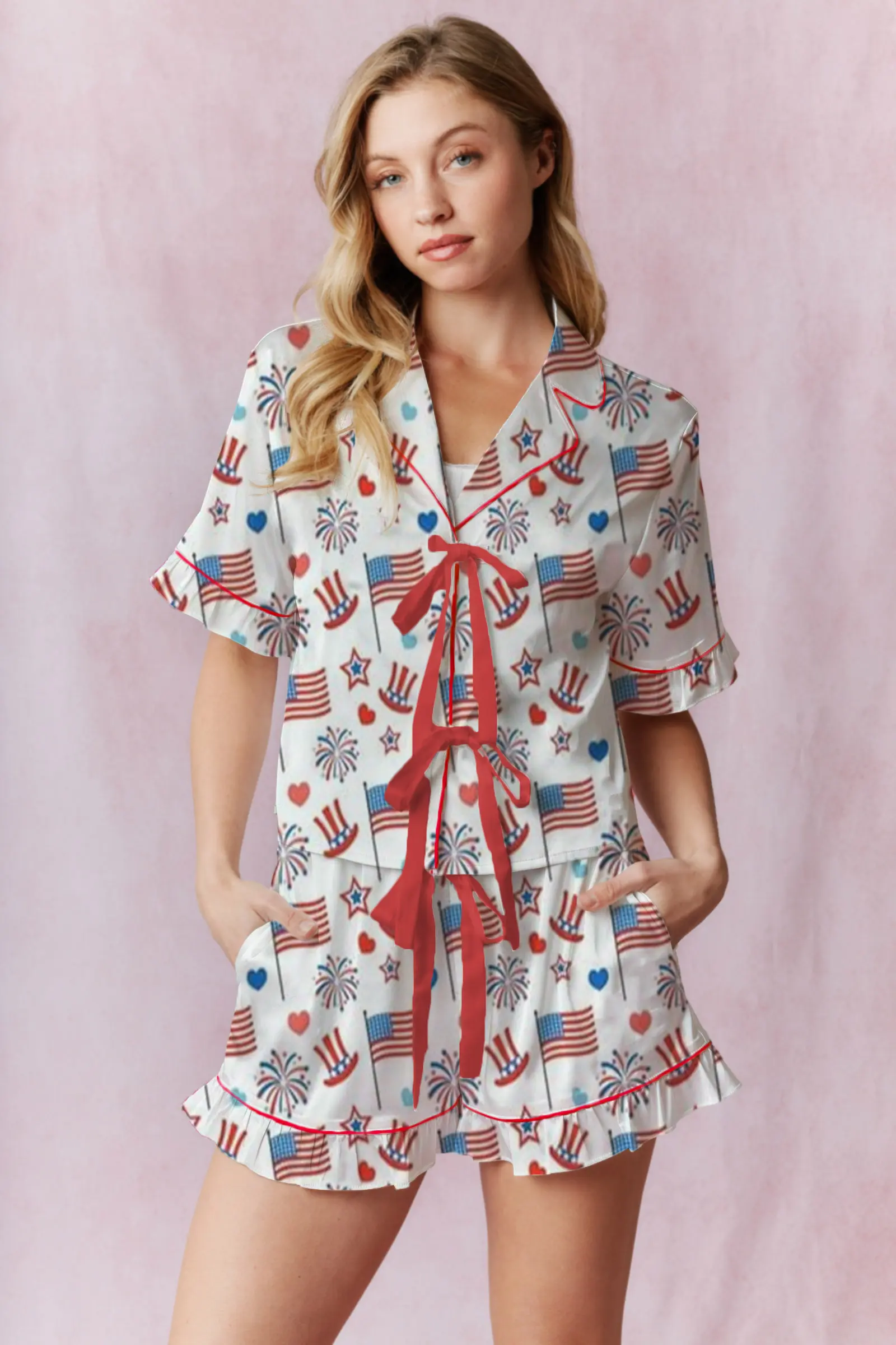 Women's 4th of July Satin Loungewear Set Star Heart Print Short Sleeve Lapel Tie Bow Tops with Elastic Waist Shorts Sleepwear