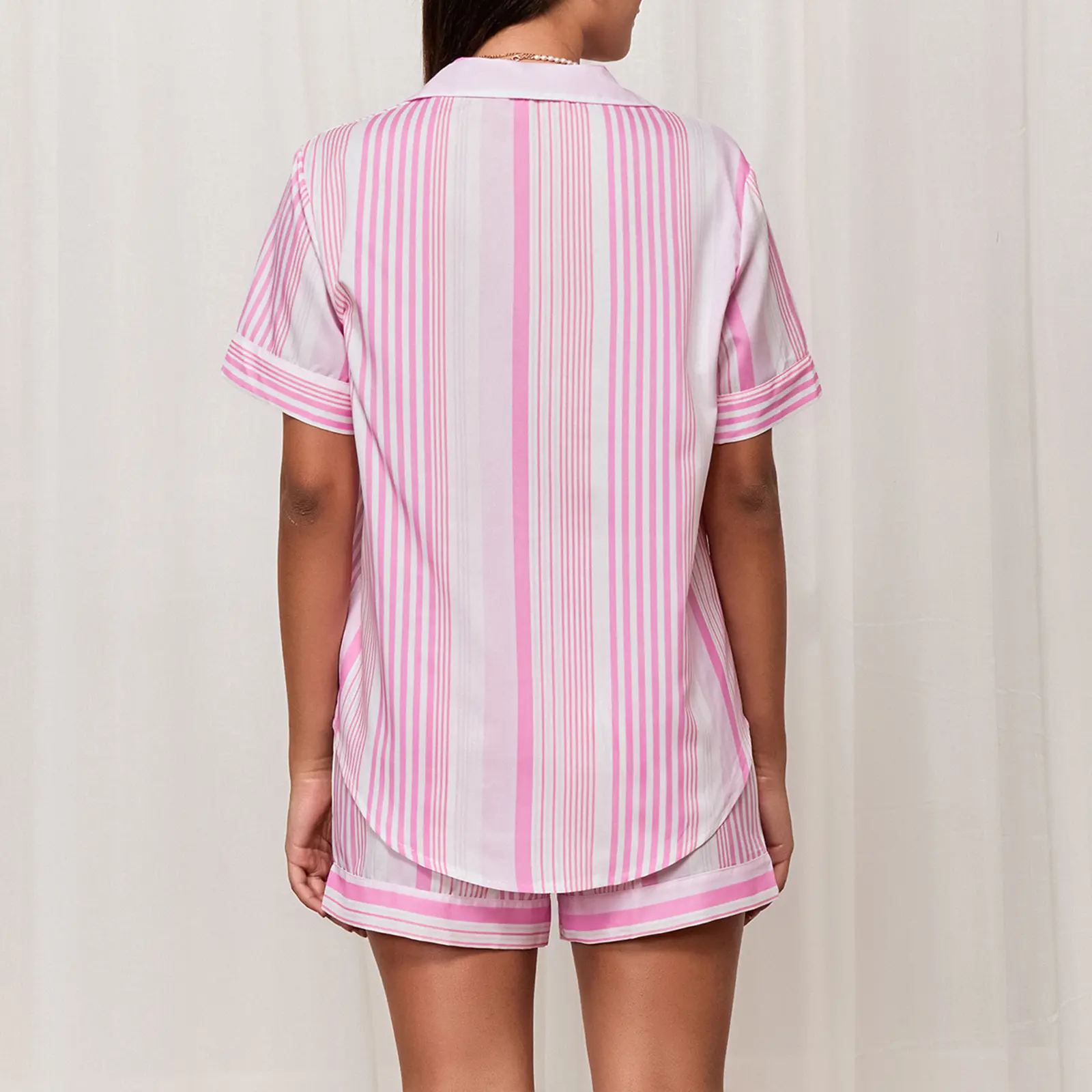 Women's 2 Piece Lounge Set Short Sleeve Lapel Tops Striped Shorts Sleepwear Sets