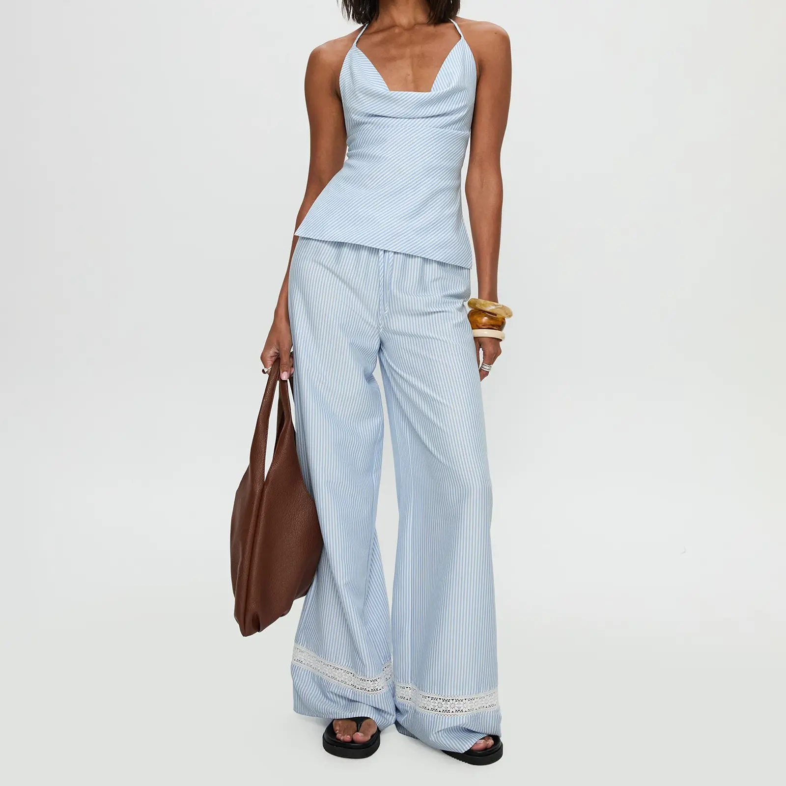 Women’s 2 Piece Summer Outfits Sleeveless Stripes Print Halter Tops + Wide Leg Pants Set Streetwear