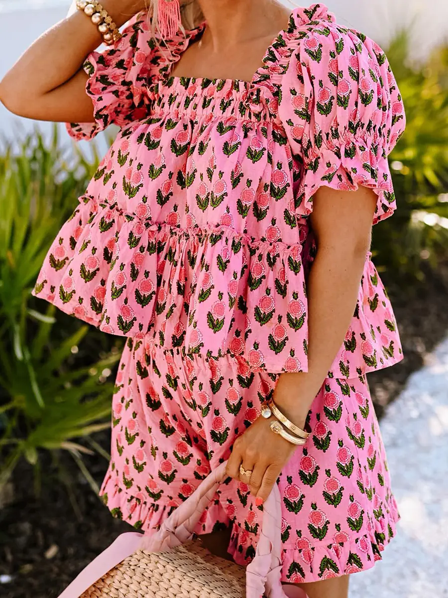 Women 2 Piece Pajamas Set Floral Print Ruffles Square Neck T-Shirt and Elastic Shorts for Loungewear Soft Sleepwear