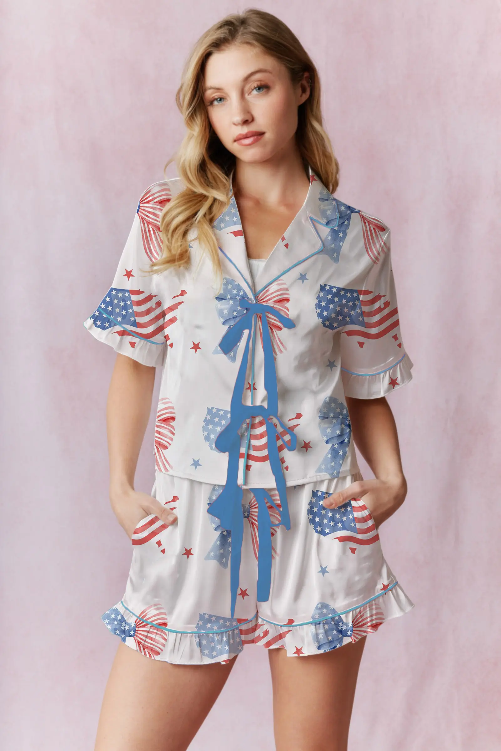 Women's 4th of July Satin Loungewear Set Star Heart Print Short Sleeve Lapel Tie Bow Tops with Elastic Waist Shorts Sleepwear
