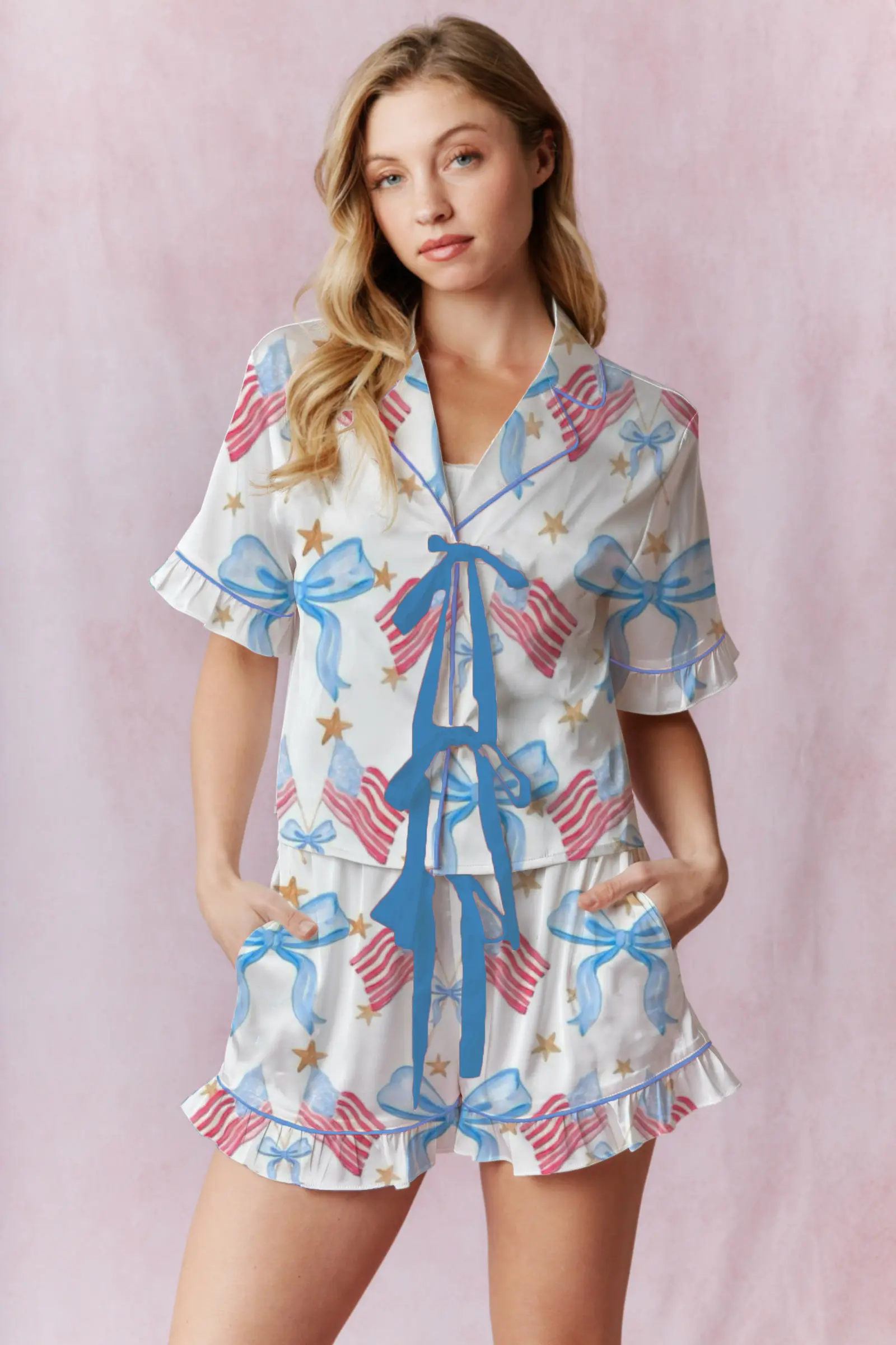 Women's 4th of July Satin Loungewear Set Star Heart Print Short Sleeve Lapel Tie Bow Tops with Elastic Waist Shorts Sleepwear