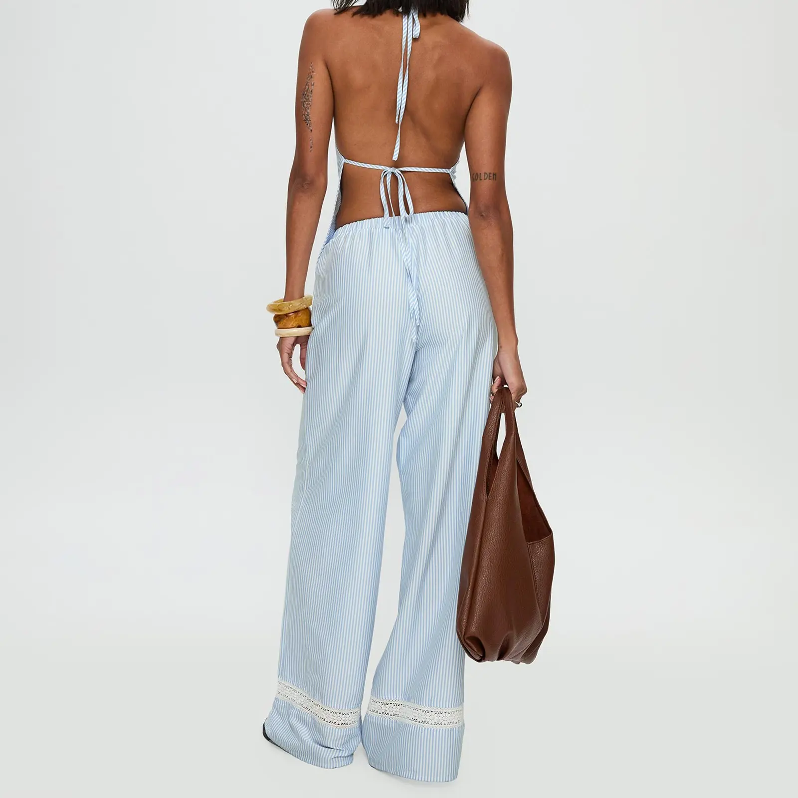 Women’s 2 Piece Summer Outfits Sleeveless Stripes Print Halter Tops + Wide Leg Pants Set Streetwear