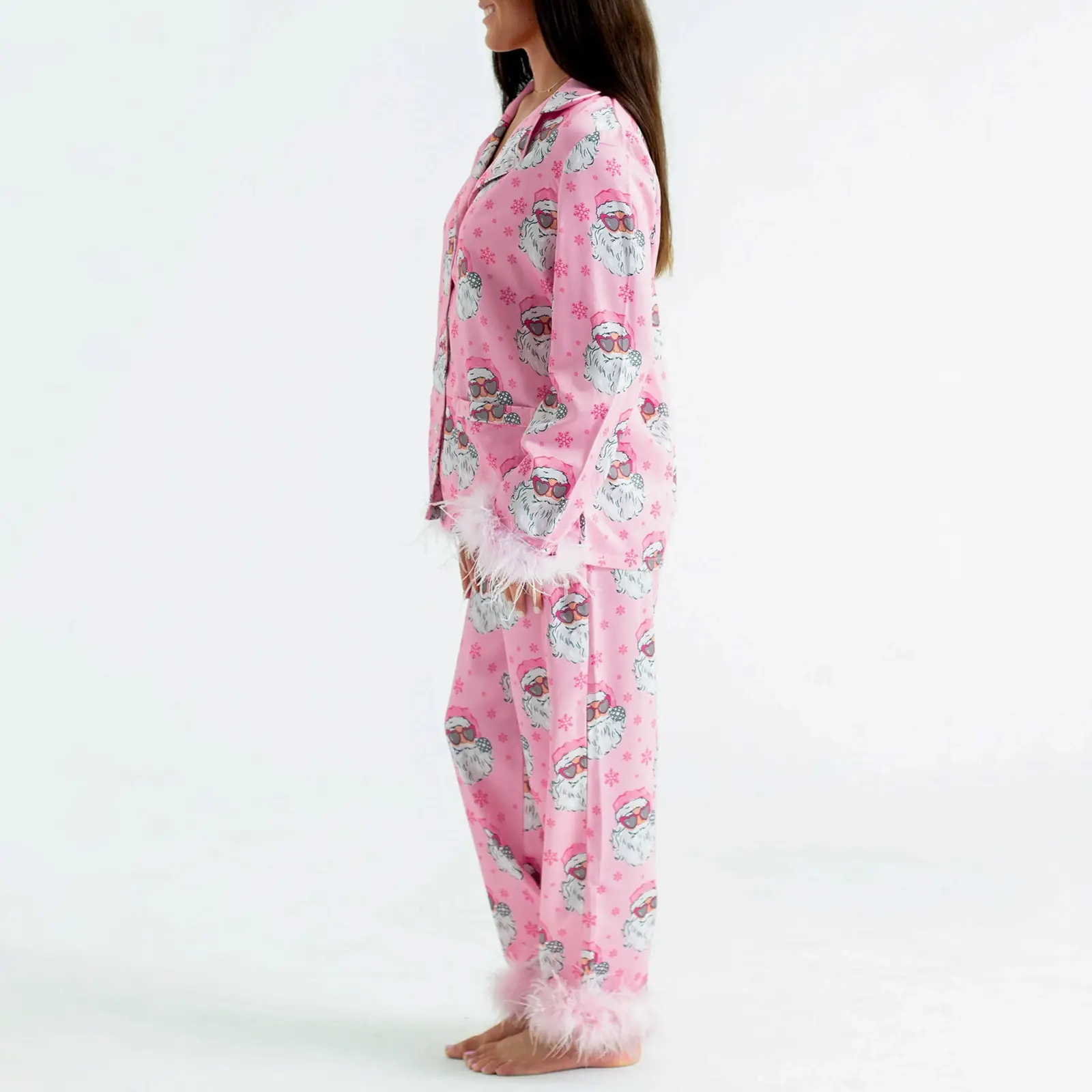 Women Christmas Pajamas Set Santa Print Lapel Neck Button-up Long Sleeve Tops Long Pants Loungewear Plush Trim Outfit