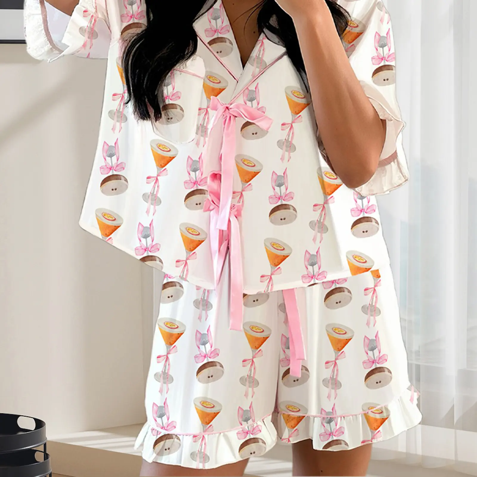 Women Pajama Shorts Set Goblet Print Tie Front Short Sleeve Tops Elastic Waist Ruffle Shorts 2 Piece Sleepwear Outfit