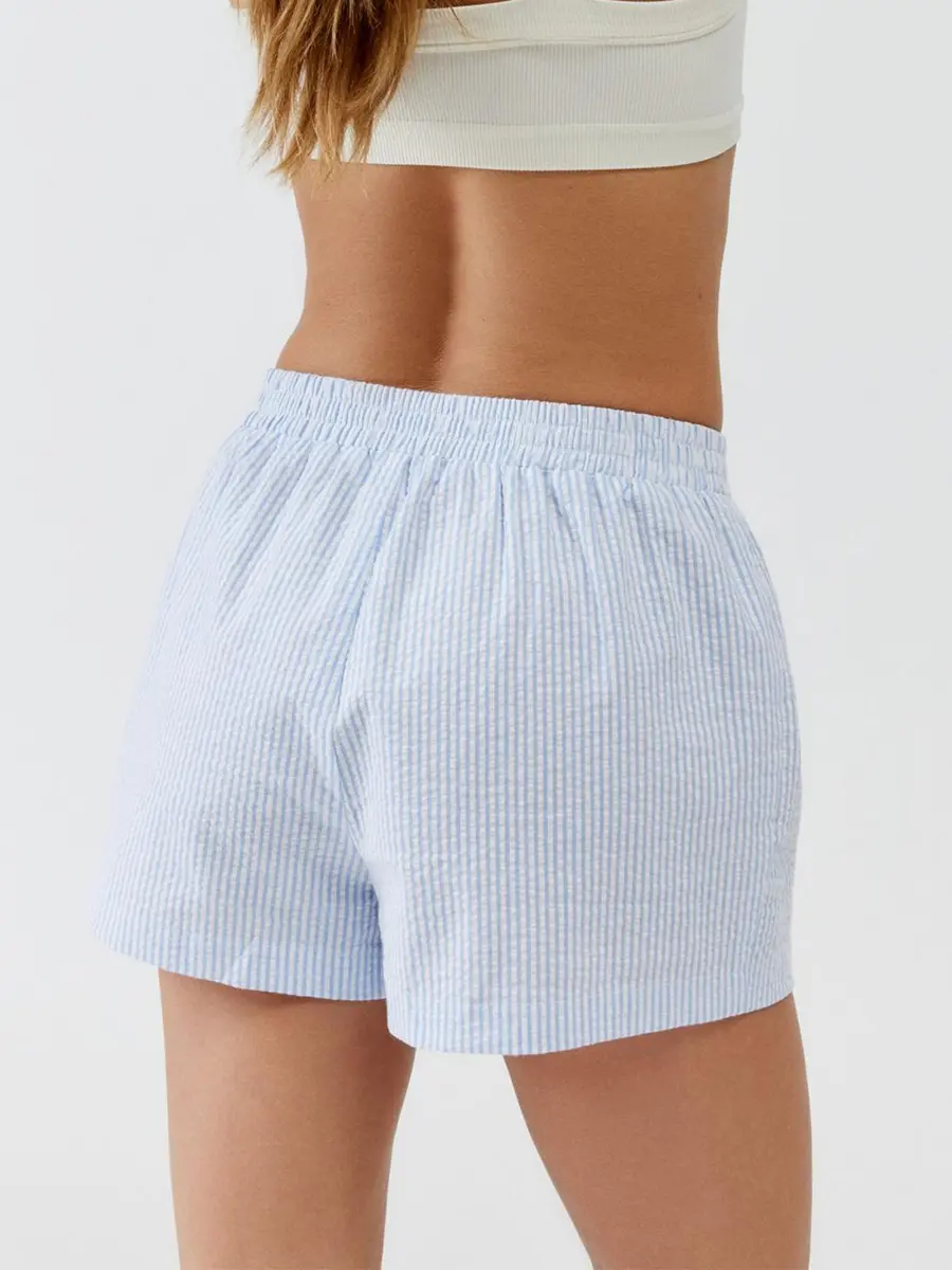 Women's Casual Prairie Chic Stripe Print Pajama Shorts Elastic Waist Button Decor Straight Leg Sleeping Short Pants