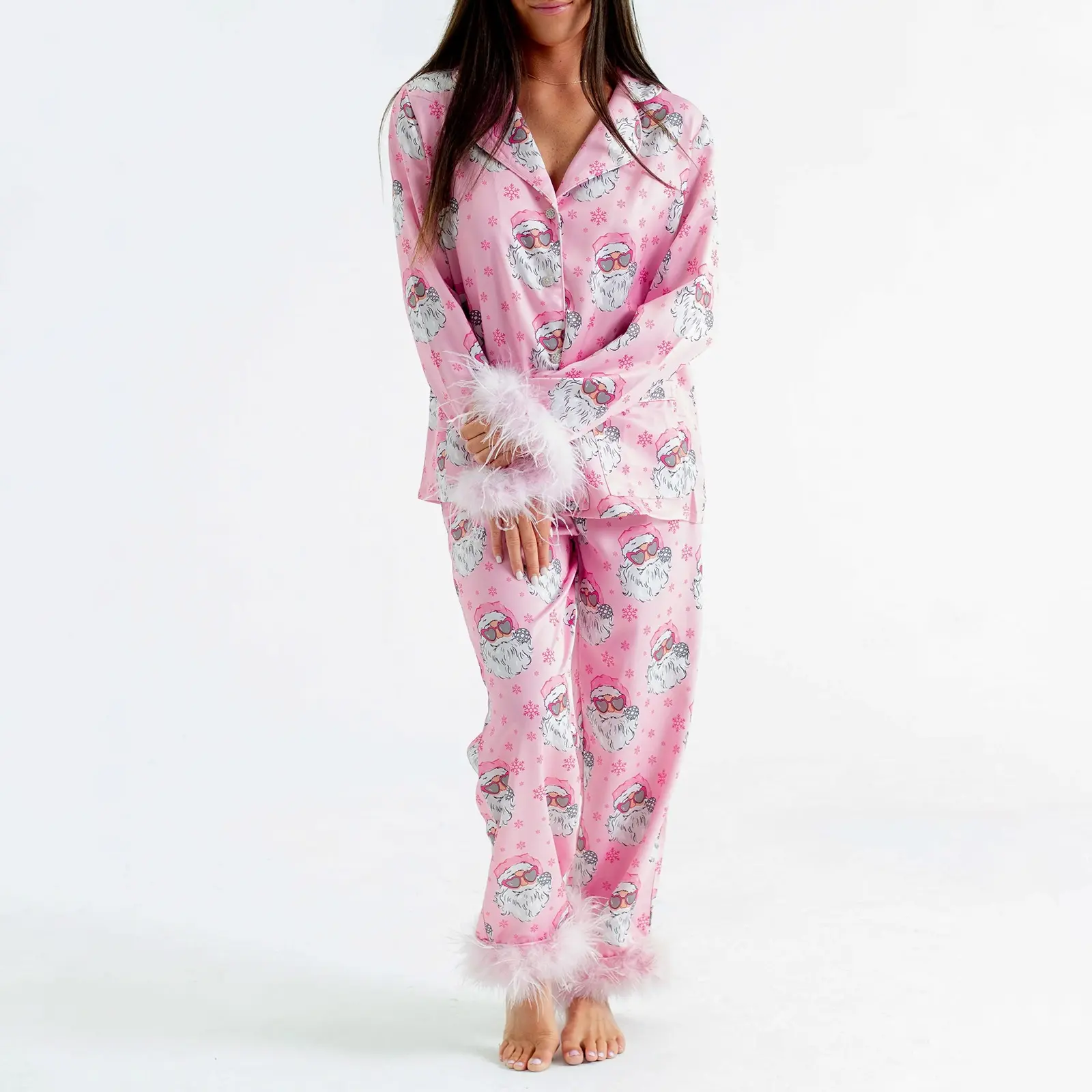 Women Christmas Pajamas Set Santa Print Lapel Neck Button-up Long Sleeve Tops Long Pants Loungewear Plush Trim Outfit
