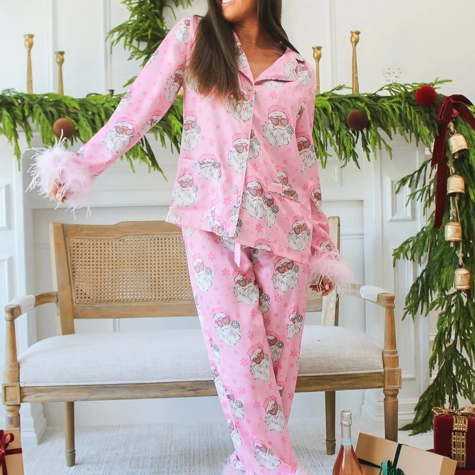 Women Christmas Pajamas Set Santa Print Lapel Neck Button-up Long Sleeve Tops Long Pants Loungewear Plush Trim Outfit