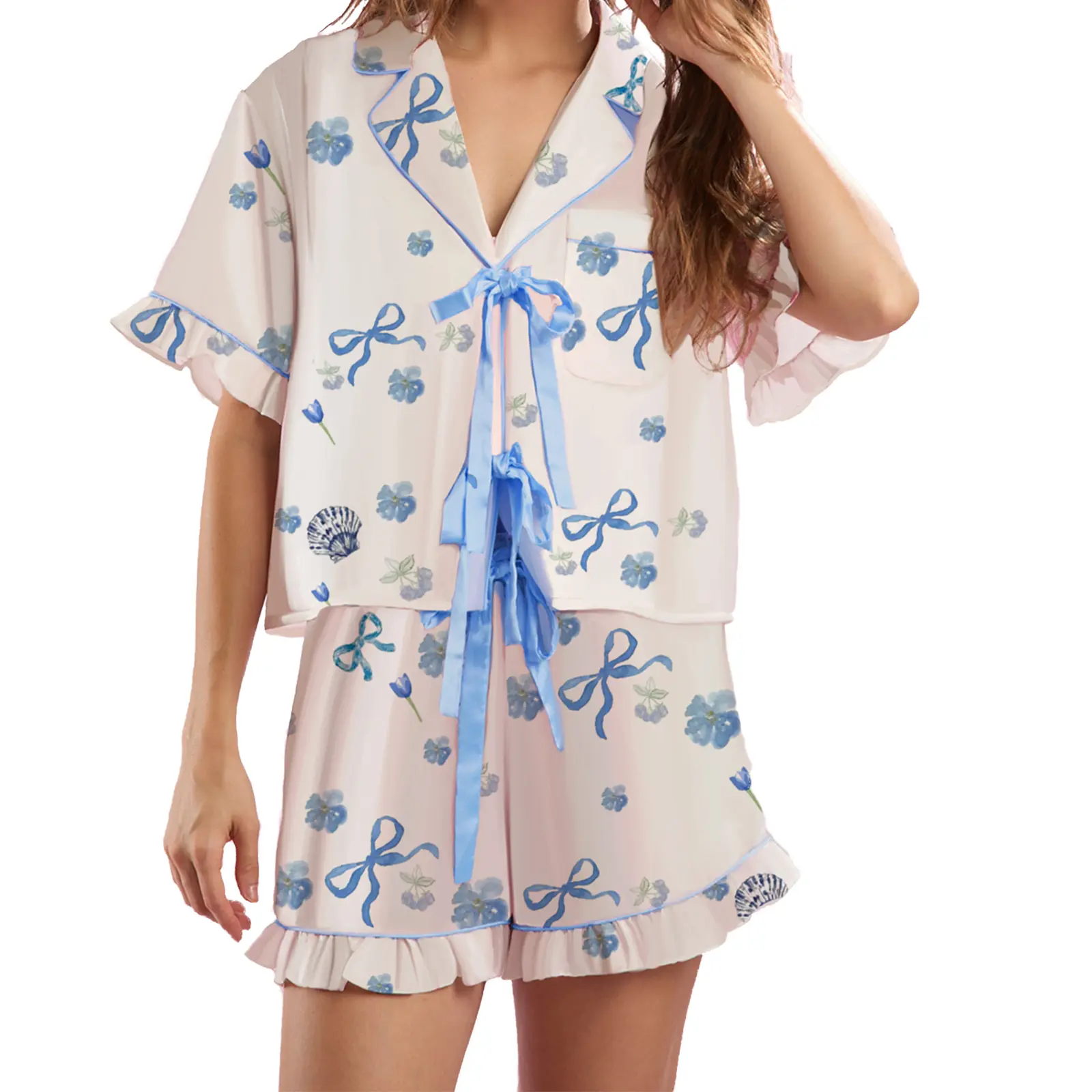 Women Pajama Shorts Set Goblet Print Tie Front Short Sleeve Tops Elastic Waist Ruffle Shorts 2 Piece Sleepwear Outfit