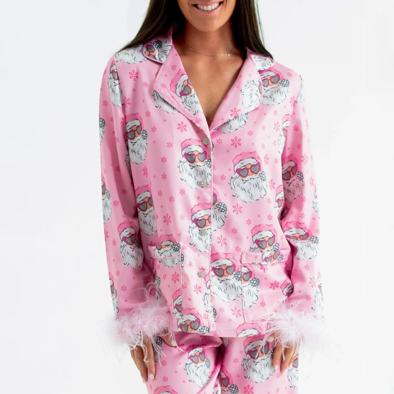 Women Christmas Pajamas Set Santa Print Lapel Neck Button-up Long Sleeve Tops Long Pants Loungewear Plush Trim Outfit