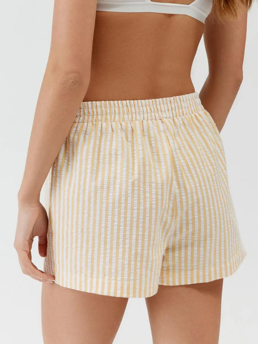 Women's Casual Prairie Chic Stripe Print Pajama Shorts Elastic Waist Button Decor Straight Leg Sleeping Short Pants