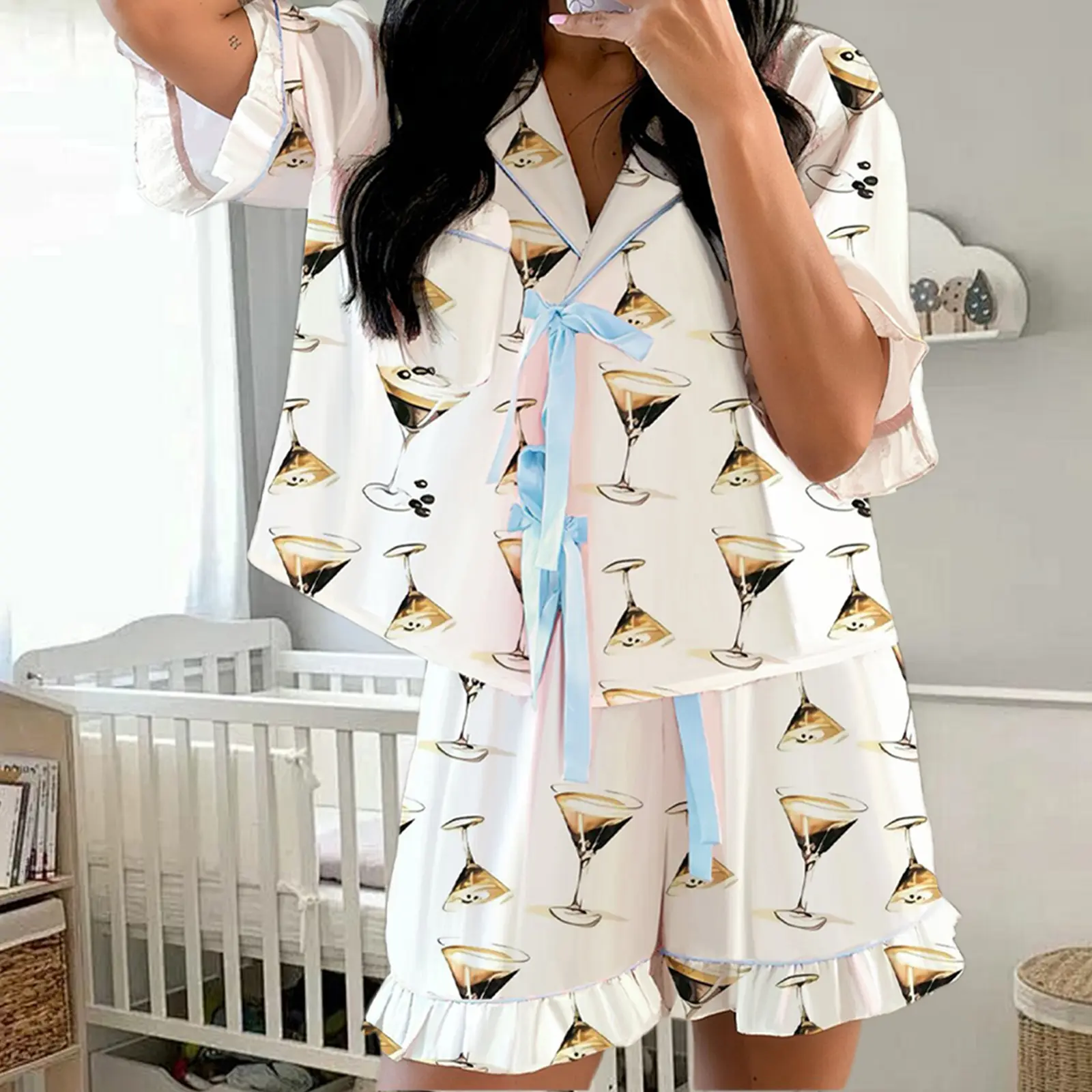 Women Pajama Shorts Set Goblet Print Tie Front Short Sleeve Tops Elastic Waist Ruffle Shorts 2 Piece Sleepwear Outfit