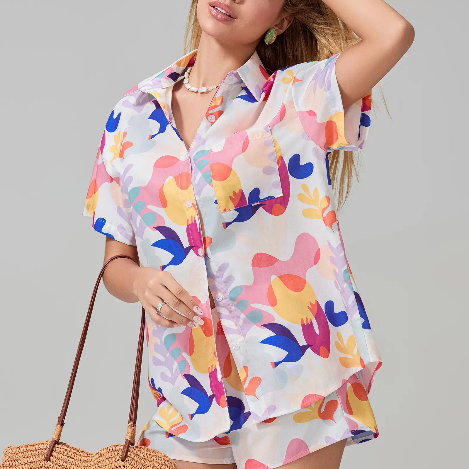 Women 2 Piece Pajamas Set Fruit/Flower Print Button T-Shirt and Elastic Waist Shorts for Loungewear Soft Sleepwear