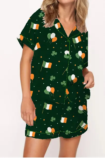 Women Irish Pajamas Lounge Set Top Hat/Clover/Flag Print Short Sleeve Tops and Shorts 2 Piece Loungewear Outfits