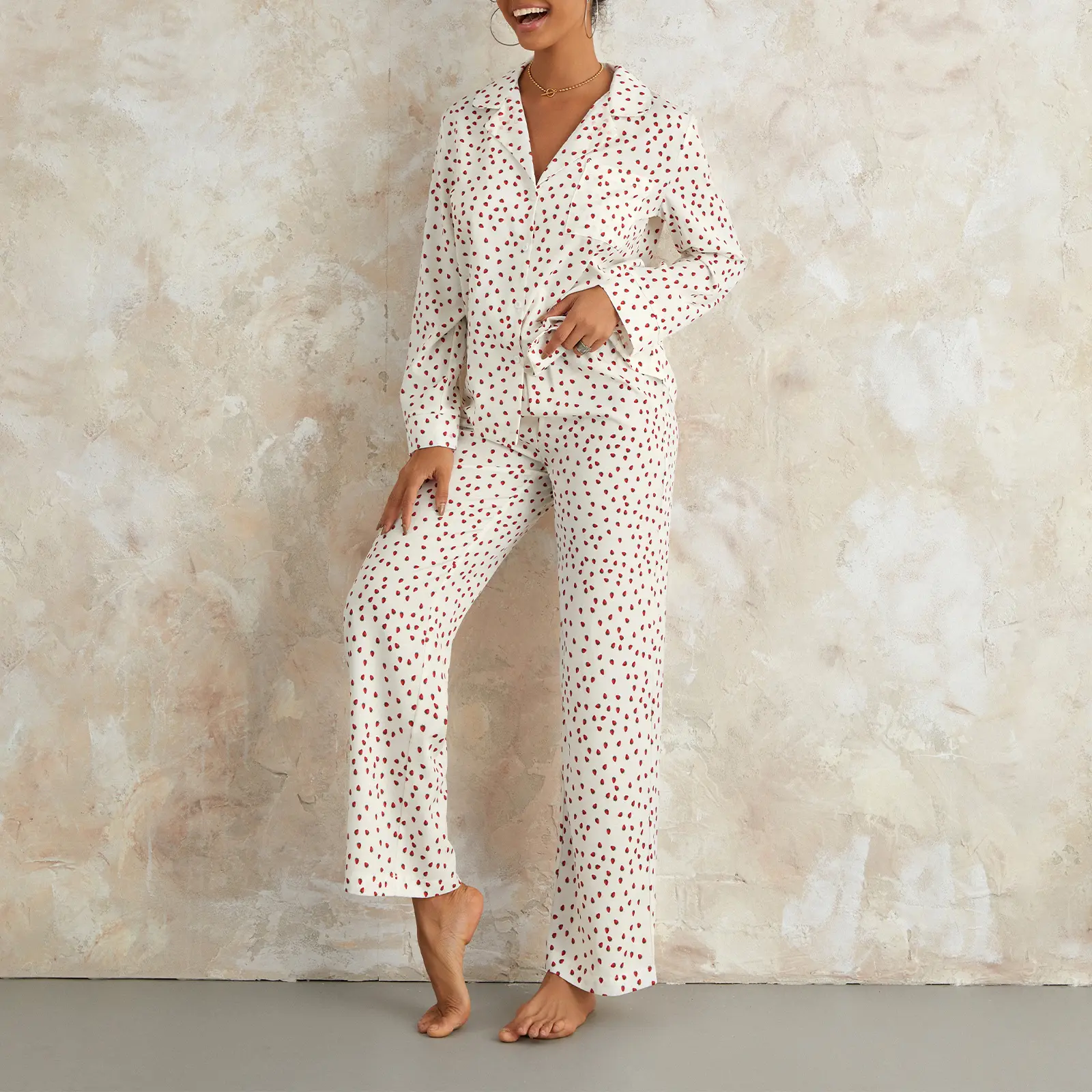 Women Pajamas Lounge Set Strawberry Print Turn-Down Collar Long Sleeve Shirts Tops and Pants 2 Piece Loungewear Outfits