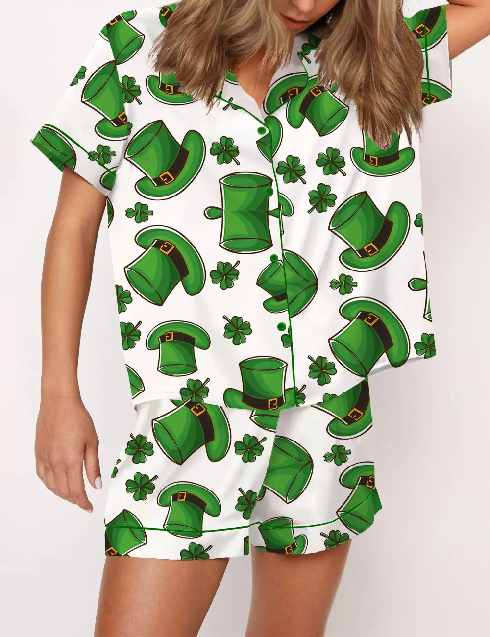 Women Irish Pajamas Lounge Set Top Hat/Clover/Flag Print Short Sleeve Tops and Shorts 2 Piece Loungewear Outfits