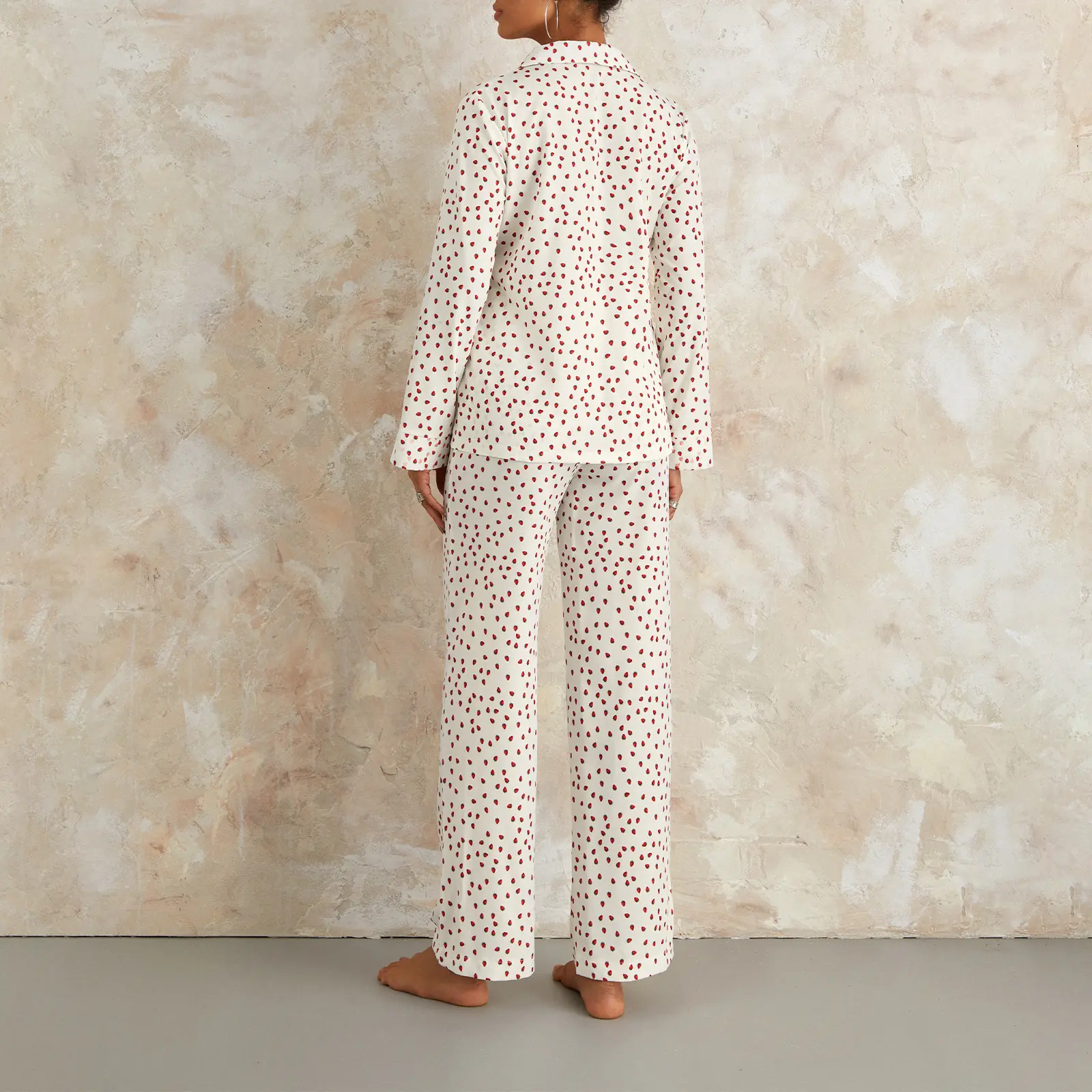 Women Pajamas Lounge Set Strawberry Print Turn-Down Collar Long Sleeve Shirts Tops and Pants 2 Piece Loungewear Outfits